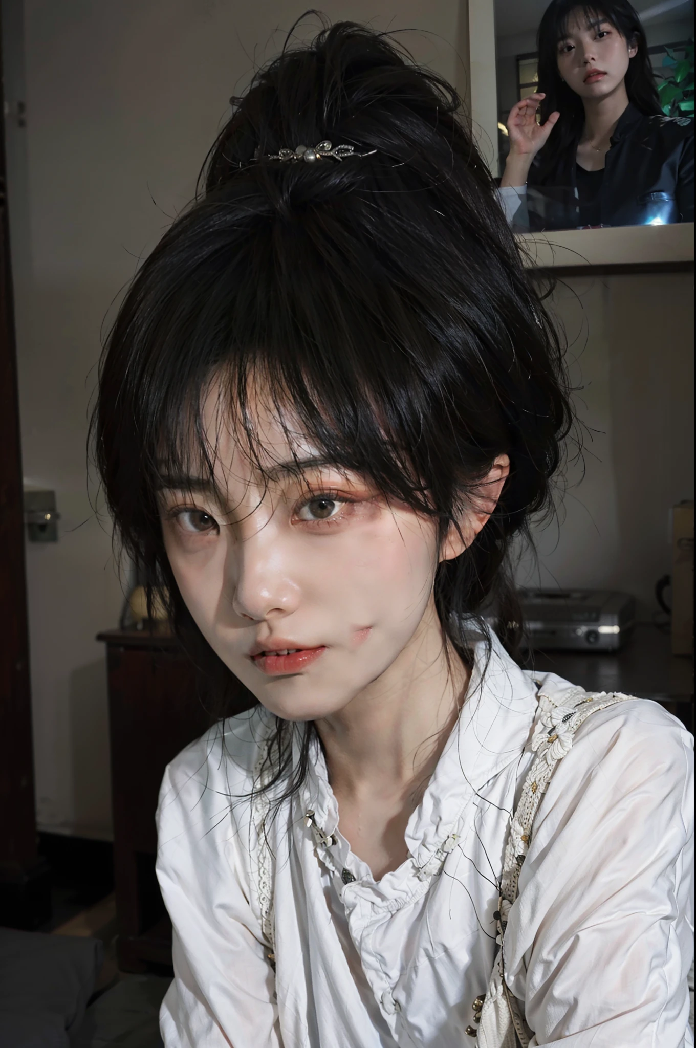 Best Quality, Masterpiece, Ultra High Resolution, (Realistic: 1.4), Best Quality, Masterpiece, Ultra High Resolution, Perfect Body Beauty: 1.4, (Black Zhongshan Suit), Super Fine Face, Fine Eyes, Double Eyelids, Black Silk, Original Photo