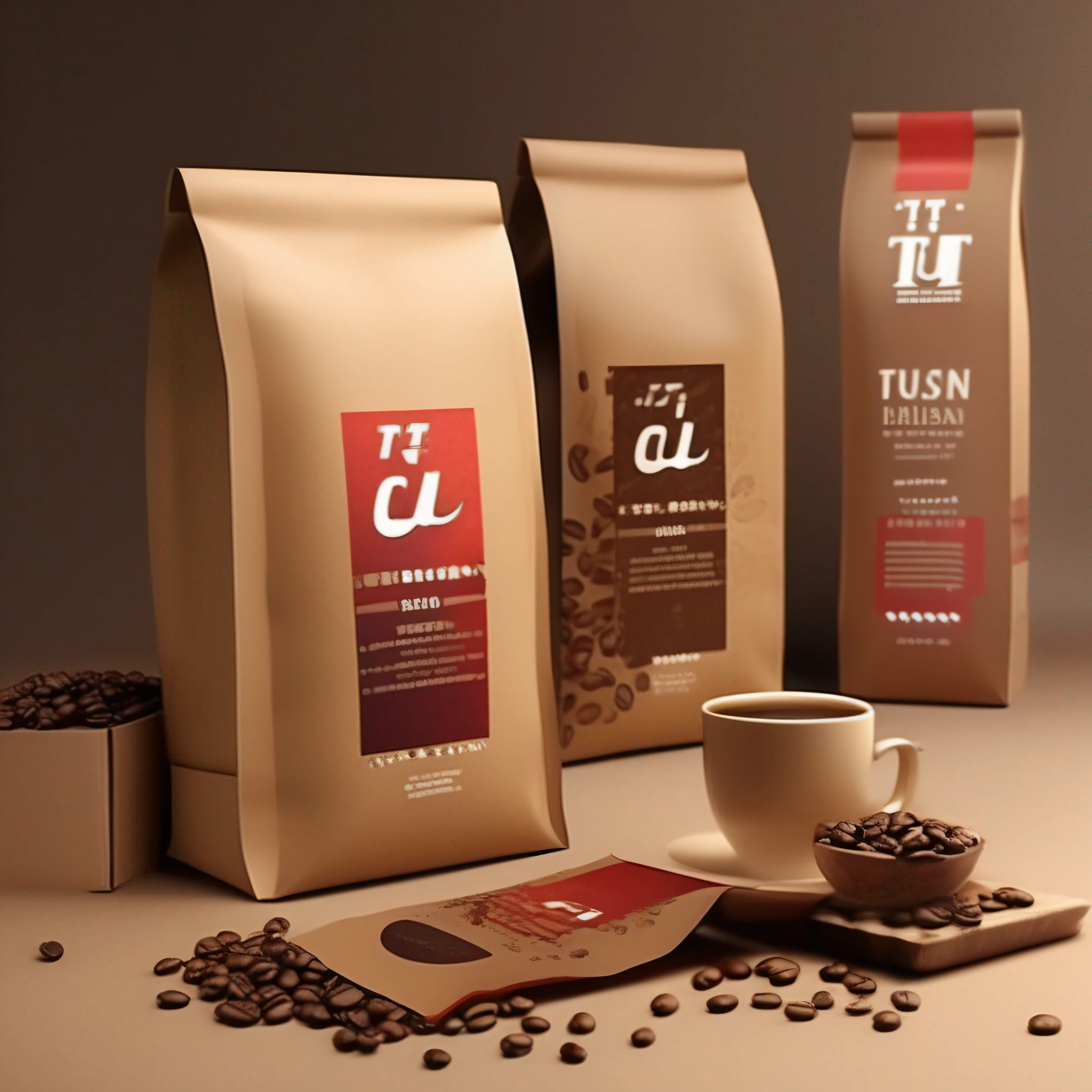 Design a coffee bean packaging bag, highlight the coffee elements, kraft paper base color, fusion red elements, LOGO, coffee name is TT coffee