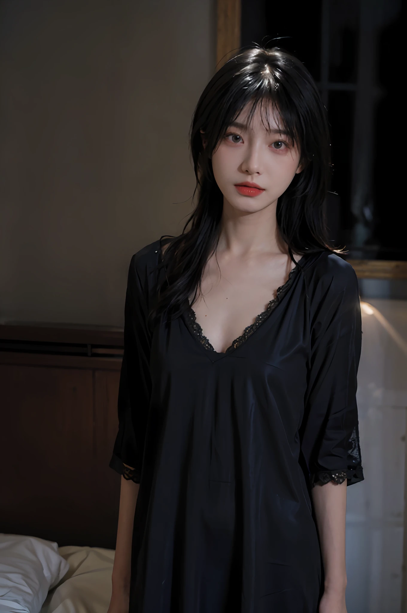 Best quality, masterpiece, ultra high res, (photorealistic:1.4), raw photo, 1girl, ((black lace nightgown)), ((small breast)), cold light