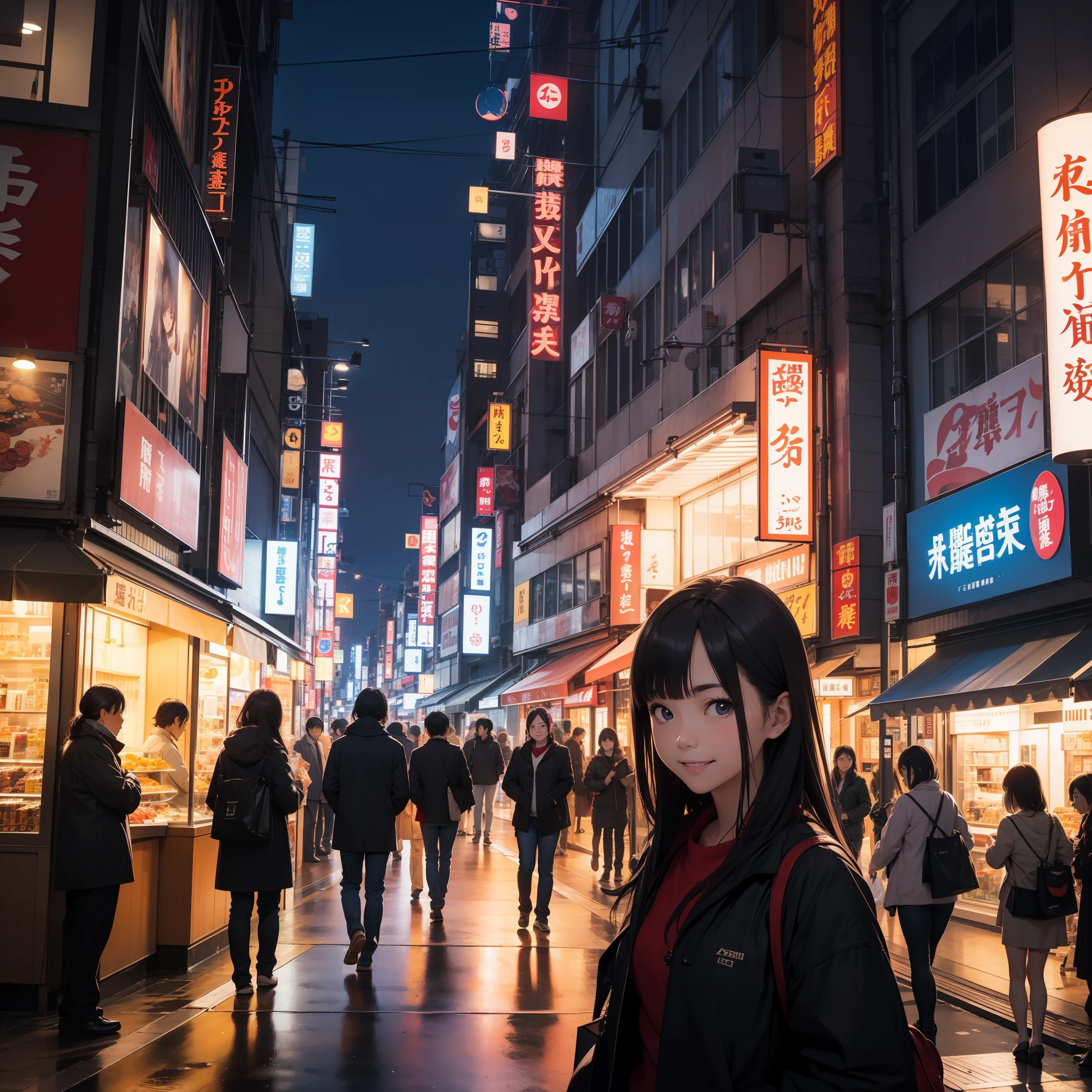 city, night, crowd, japan, tokyo, cross road, shopping district, womman, japan, causal, beauty, see up, tilting face, smile, wide lens, taken with fuji film camera, hdr