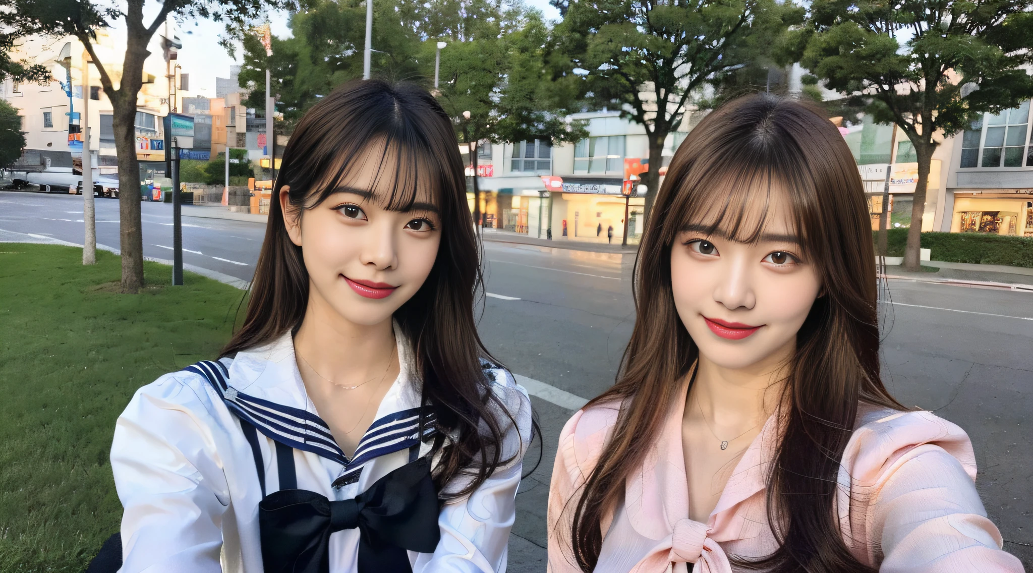 (8k, RAW photo, highest quality, masterpiece: 1.2), ultra-detailed, super resolution, (photorealistic: 1.5), portrait, high-resolution RAW color photo, professional photo, (very beautiful and detailed night tree-lined avenue 1:1.37), (moon is beautiful night)), full moon, very detailed and beautiful, ultra high image quality, schoolgirl in sailor suit, amazing details, each characteristic face, Different face pattern, brown hair fluttering in the night breeze, sexy hair swaying, very detailed beautiful girl, (pink eye shadow), red tie, angel smile, super cute, so cute that it almost brings tears to my eyes, amazing workmanship, modern model, very detailed face very detailed eyes, very realistic skin, very detailed fingers, very detailed nose, very detailed mouth, perfect anatomy, Very detailed background,, gloss,, schoolgirl highly detailed clothes, , cute girl, famous Japan idol, cute, realistic body, slender, white skin, glowing skin, slim body, long straight hair, (dull bangs:1.2), realistic face, delicate eyes, double eyelids, sailor suit, red ribbon, high school girl, fashionable uniform, good friends, celebrity level cuteness Multiple high school girls, camera gaze, boyfriend gaze, super high definition, super high definition realistic face,