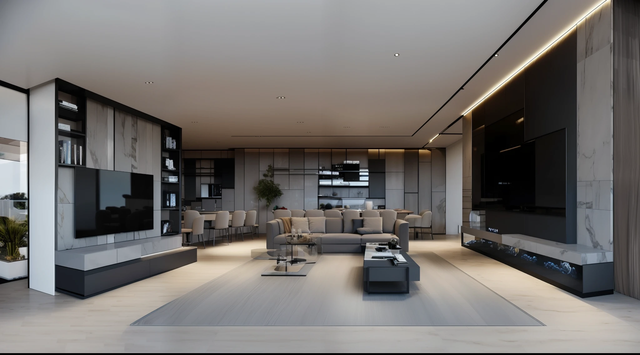 Luxurious modern interior design with balcony, film and television wall cabinet, a projection TV, high-end sense, 4.5 meters long film and television wall cabinet embedded with fish tank, matt gray card color floor tiles