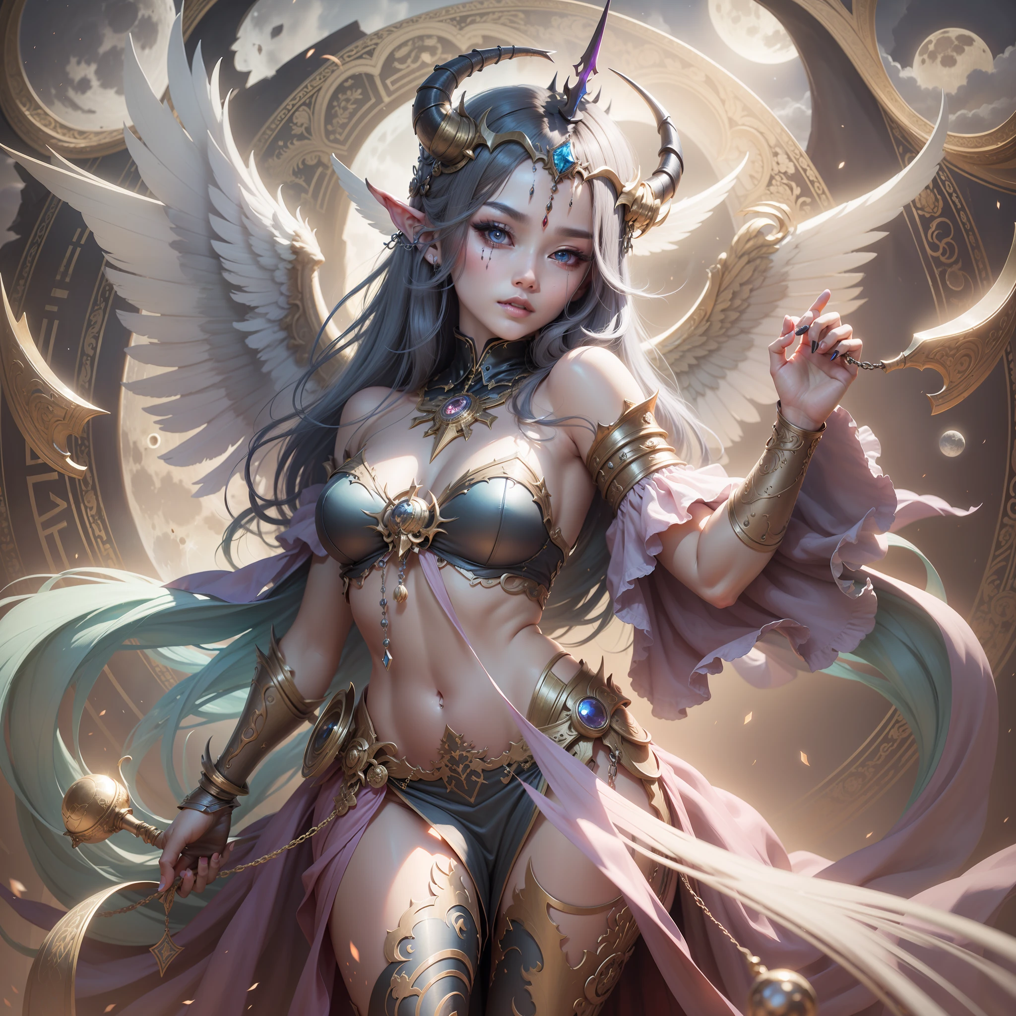 Demon queen with horns and like-looking cyborg wings, beautiful high-definition dress, high-definition face, moon in the background。