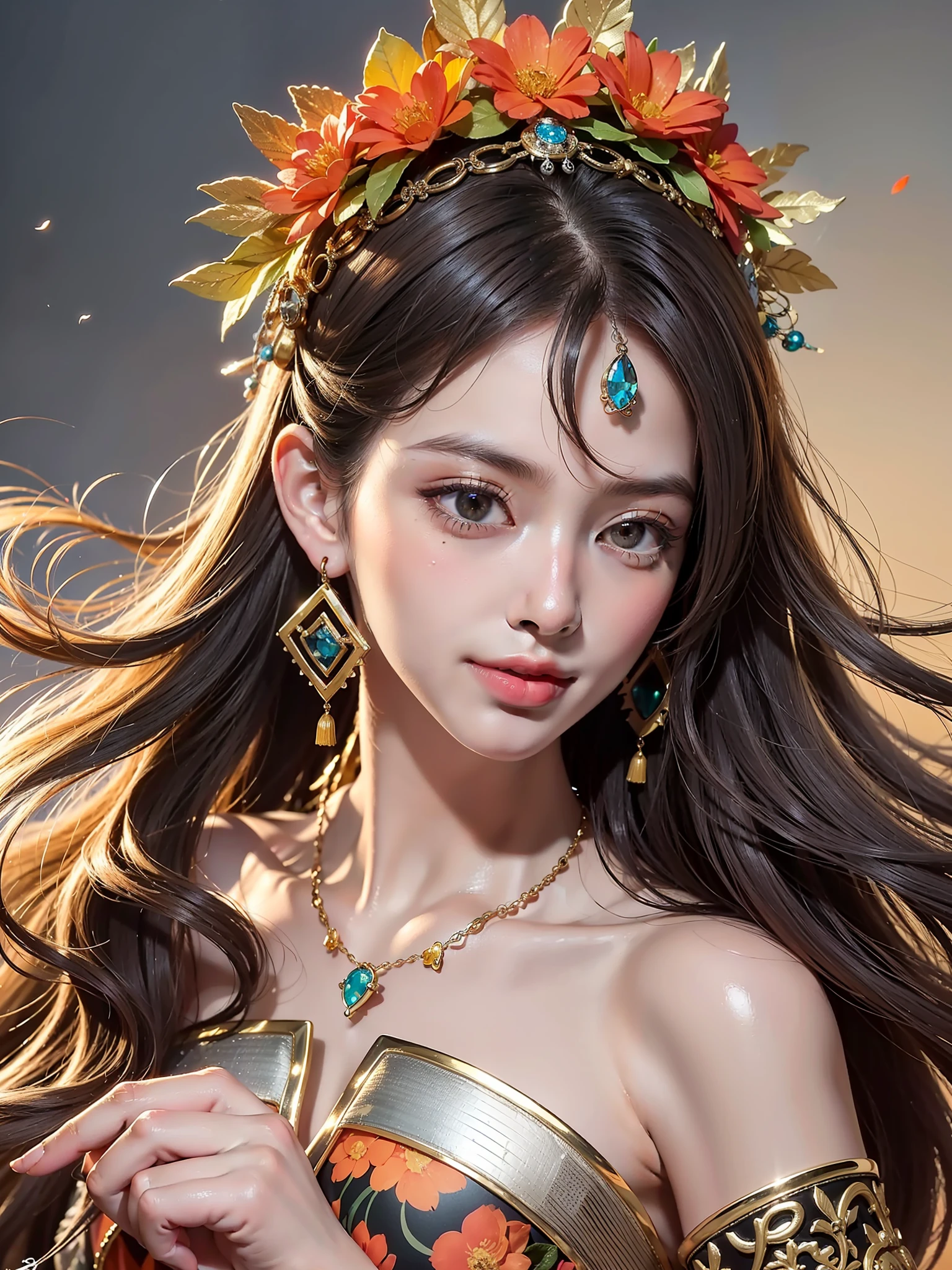 Best quality, masterpiece, super high resolution full of picture, single, flying, Tang Huazhang, Dunhuang flying, floating in the air With strong Chinese national characteristics, they are heavenly beings flying in the sky of Buddha country, playing piano and dancing, spraying incense and scattering flowers, bringing happiness, orange color matching, long hair, black hair, orange bow, light orange background, side, smile, flowing clothes, Chinese element totem behind, perfect makeup, beautiful, generous, love eyes, 8k picture quality, cyberpunk, technology combined with national essence, character backlight, edge light, Action changes, flowing hairstyle, loose hairstyle, gold and silver headdress, sense of falling, number of fingers refined, 6 avatar drawing, close-up of face, fairy fluttering, flowing luminous earrings, flowing glowing necklace, wearing a bracelet, the most beautiful girl in mankind, delicate close-up of her face
