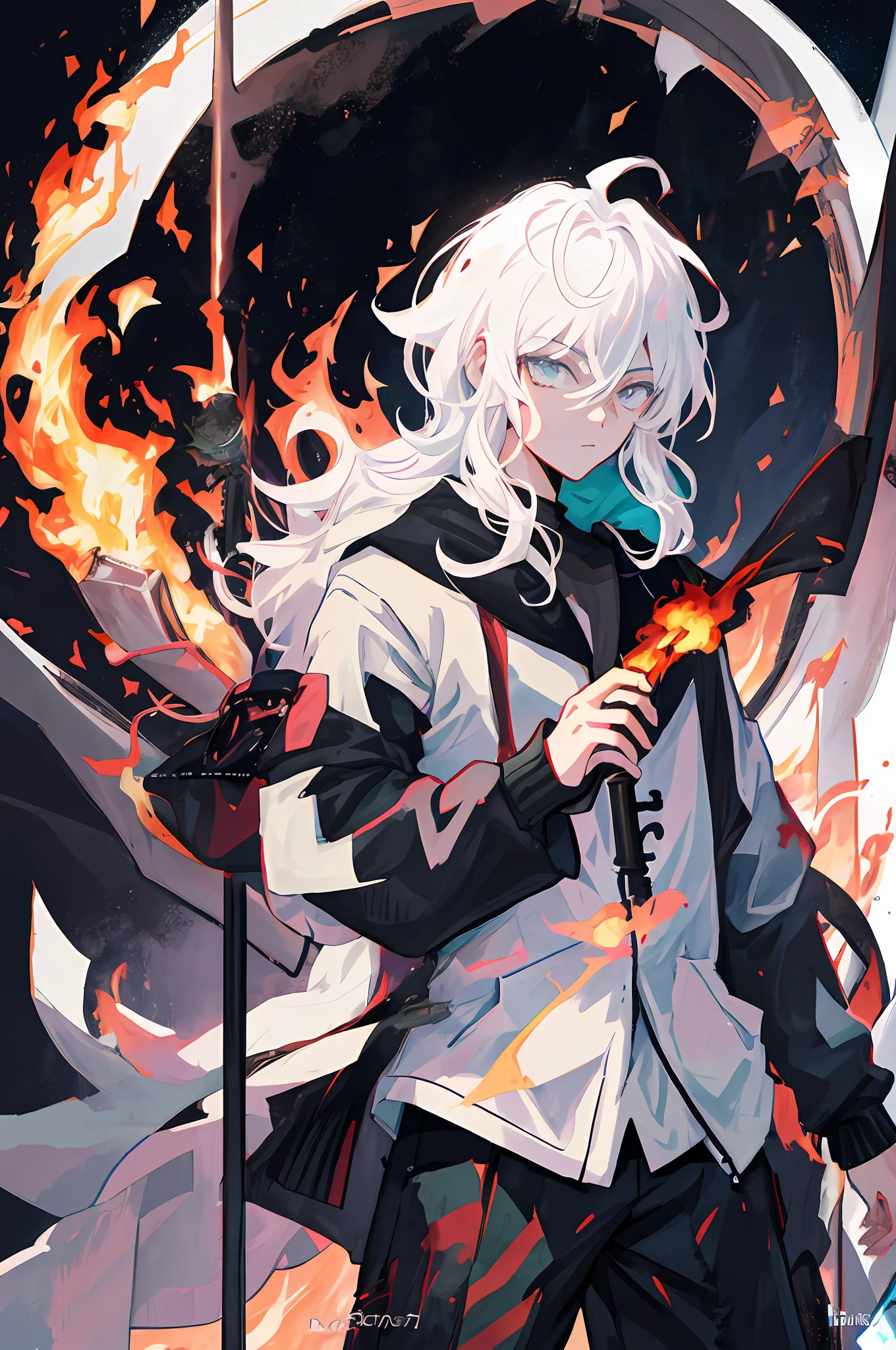 anime character with white hair holding a sword and fire, best anime 4k konachan wallpaper, key anime art, handsome guy in demon slayer art, badass anime 8 k, nagito komaeda, detailed key anime art, detailed anime character art, shigenori soejima illustration, white haired, trending on artstation pixiv, 4k anime wallpaper