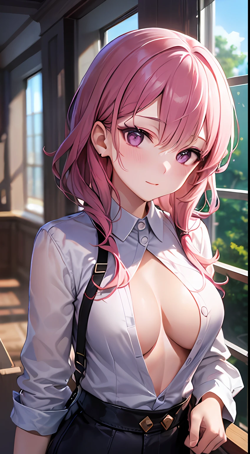 (Cute pastel room: 1.3), white shirt, clothes open front, all buttons unbuttoned, medium breast, no bra,
(Top Quality, Masterpiece, 8K, Very Detailed, Pretty Girl), (1 Girl: 1.5), (Loli: 1.3), Blush, (See: 1.2), Sexy
(Pink Hair), (Eye Shadow: 1.1), Glossy Skin, (Middle Chest: 1.5), Blake,
(from the front: 1.8), (cowboy shot: 1.3),
Ultra High Resolution, Absurdity, (Highly Detailed Background: 1.1), Official Art, Dramatic Lighting, IQ20000,