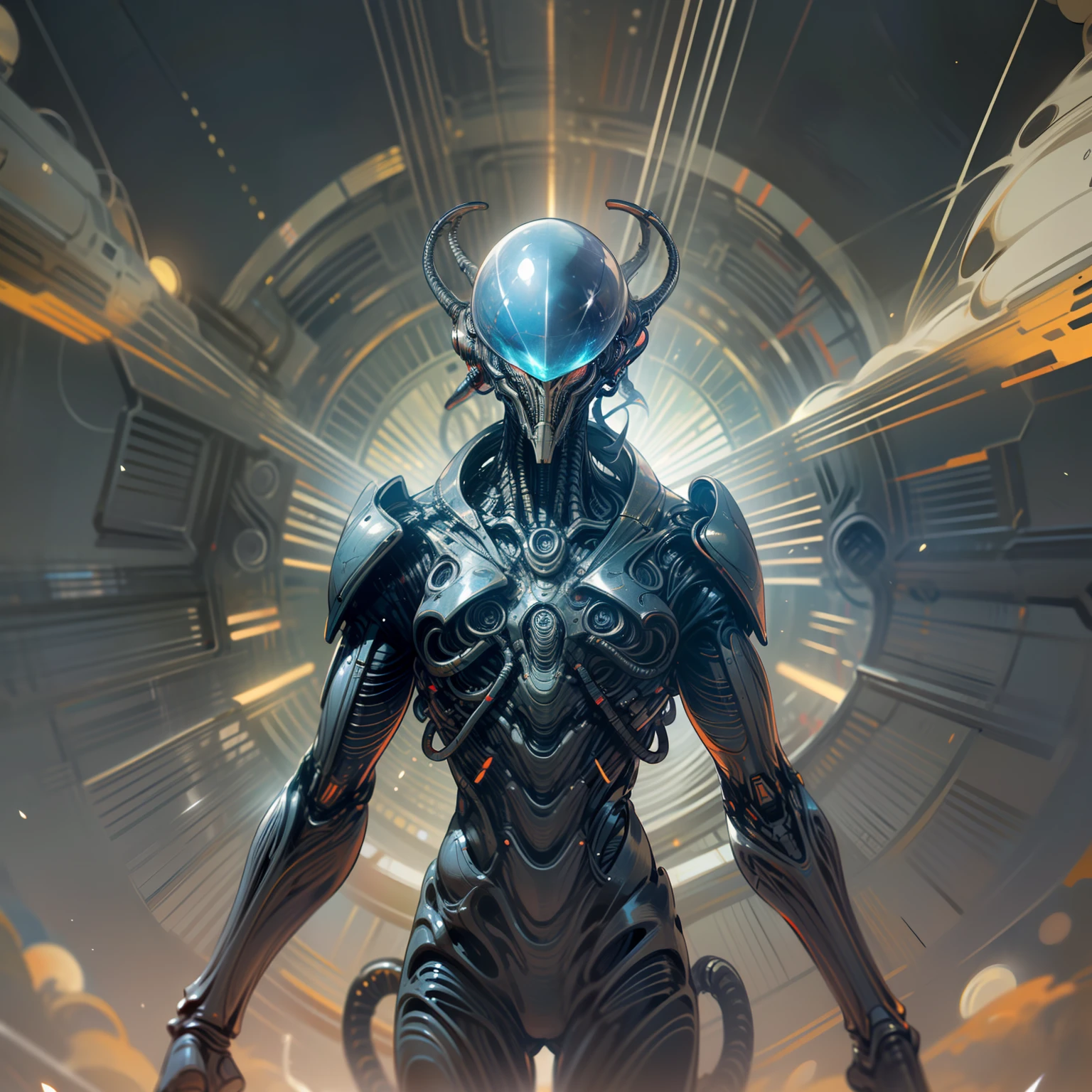 200-meter humanoid alien, Slender and majestic body, Long limbs, galaxy-textured body, no mouth or eyes, spectral appearance, nebula gas around his body, divine pose