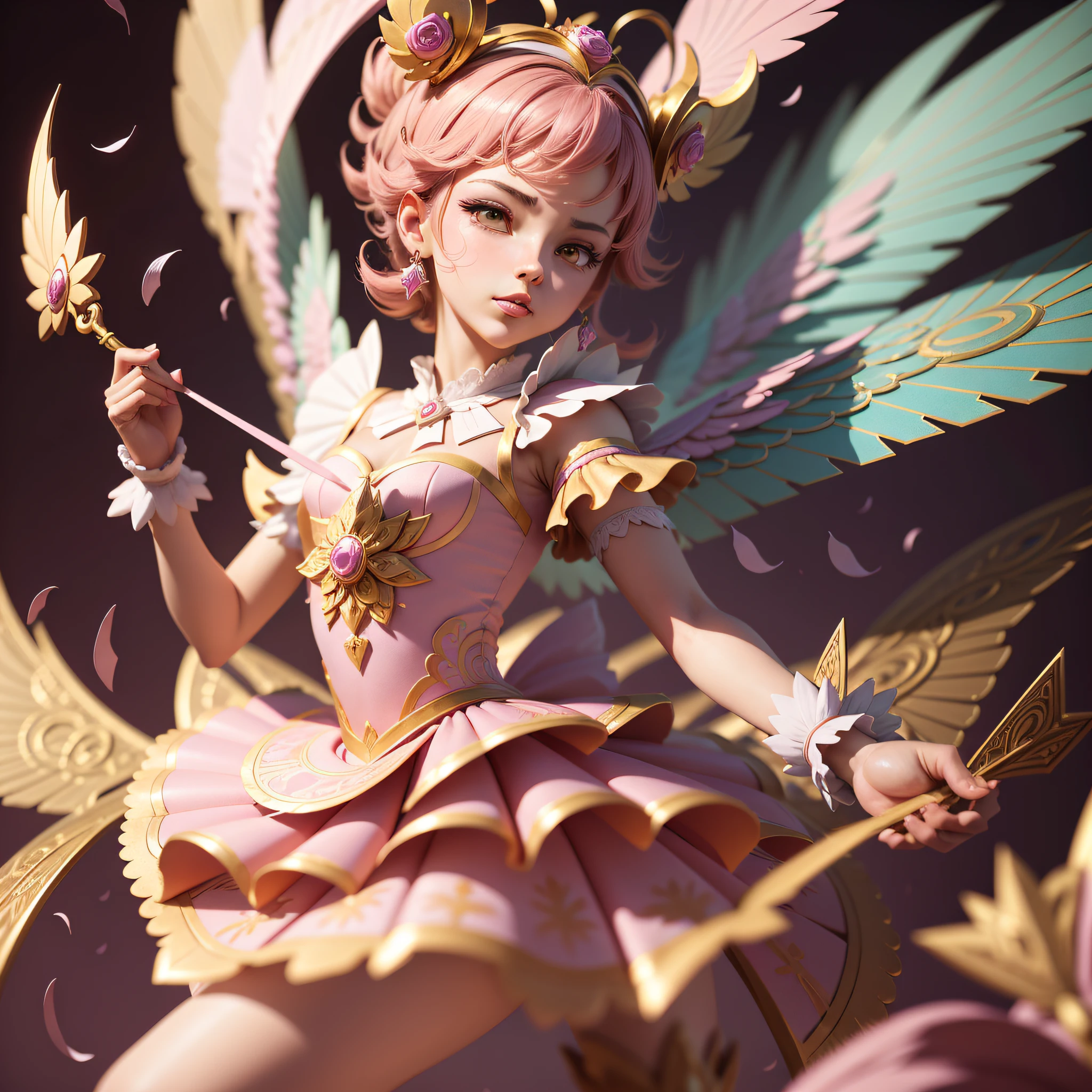 Absurdity, Masterpiece, 3d rendering hand cut paper of Sakura Card Captor in rococo pastel tones, mike campau, dmitry spiros, smooth and dynamic lines, classical balance, kinuko y style. Craftsmanship, colorful complexity