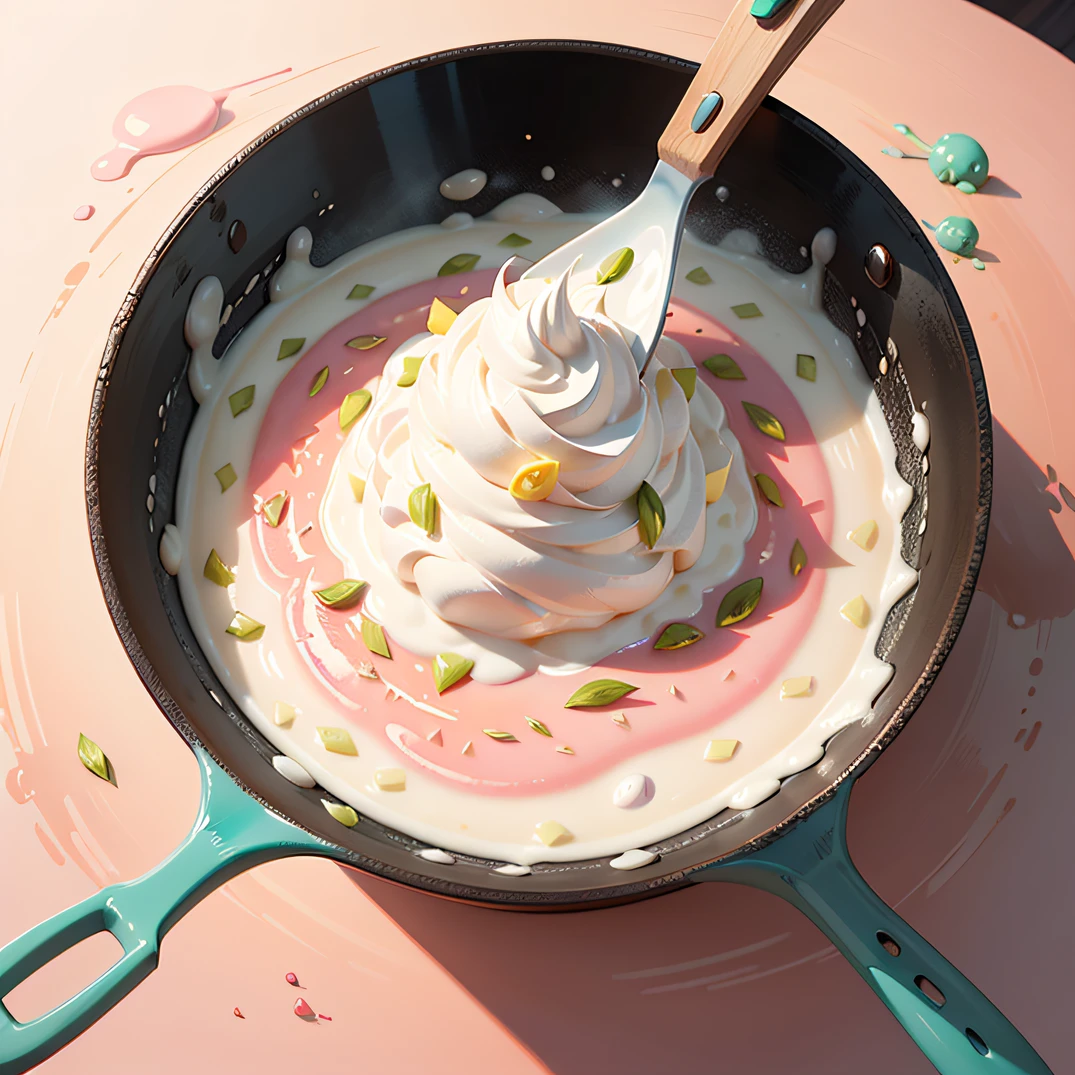 Help me design an icon that says Wang Zhaojun in Glory of Kings is stir-frying yogurt with a spatula, asking for a cartoon cute, pink theme --auto