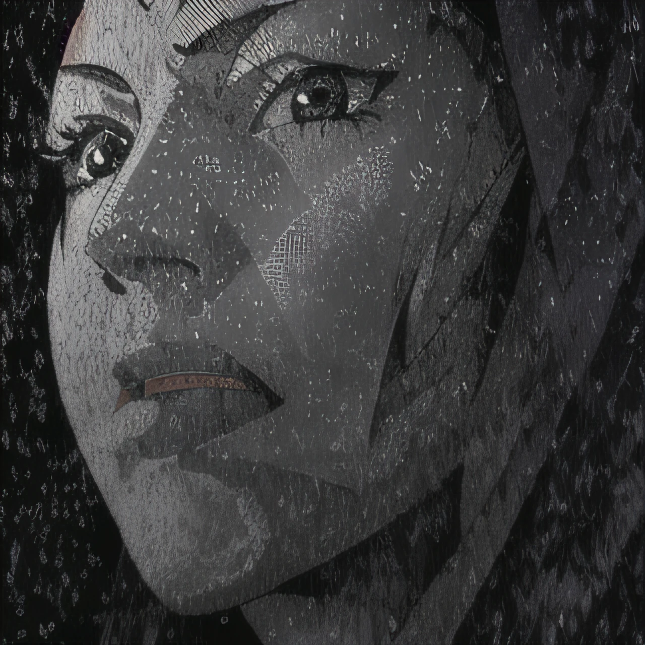 a black and white photo of a woman with a hood on, & her expression is solemn, t5un4d3, mark, 1girl, tsunade, Japanese clothes, sash, jacket