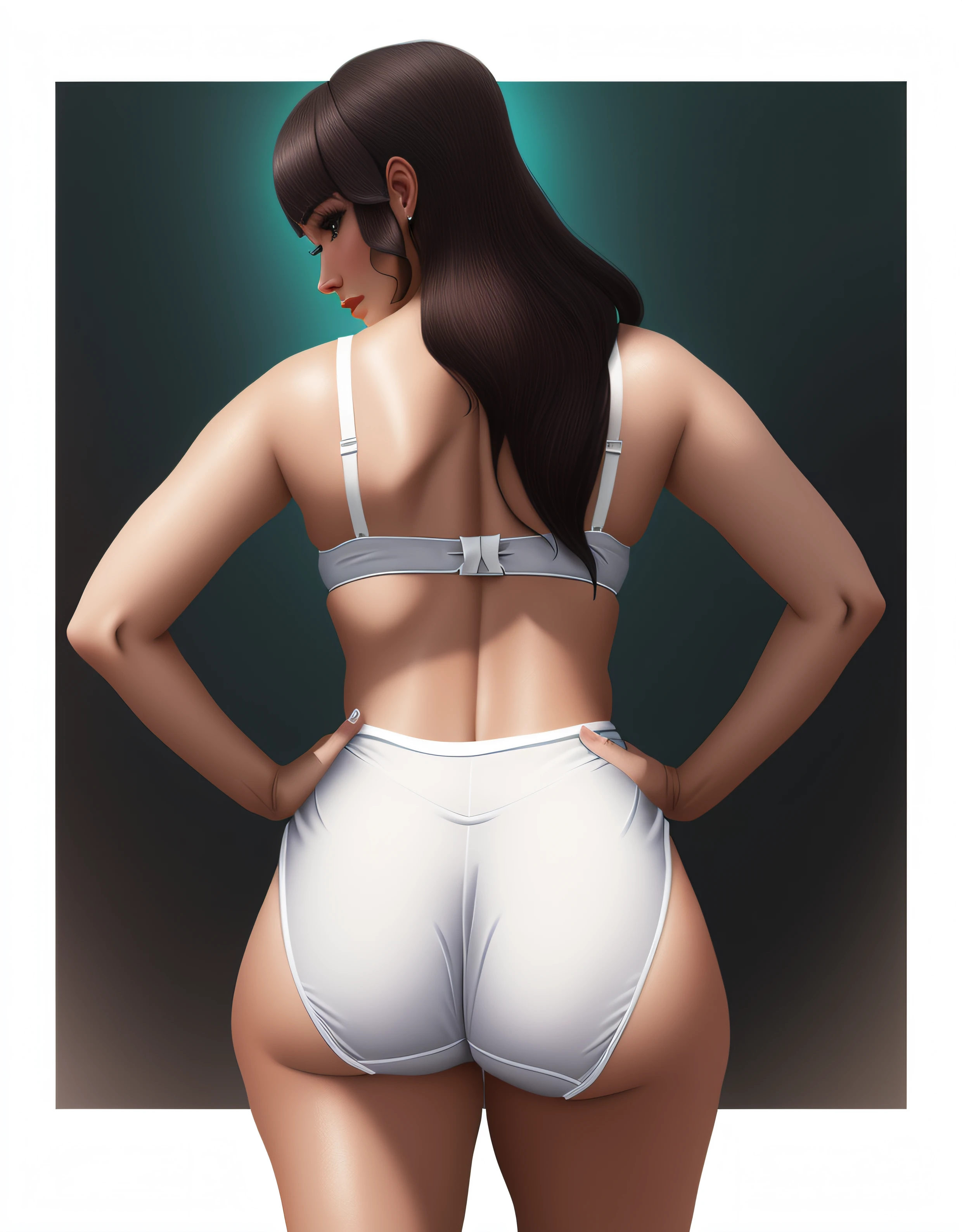 Curvy Latina with dark colored hair, in white bra and white full coverage cotton panties, back shot, realistic art style, intricate details