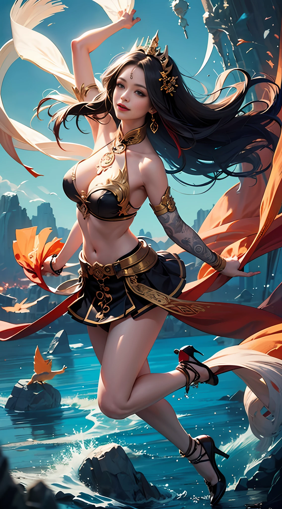 Official Art, Unified 8k Wallpapers, Ultra Detailed, Beautiful and Aesthetic, Masterpiece, Best Quality, Realism, Ultra Real, (Zentangle, Tangle, Entangle), (fractal art: 1.4), 1girl, black hair, Chinese, off-the-shoulders, short skirt, big breasts, calves, navel, very detailed, dynamic angle, cowboyshot, (most beautiful form of chaos), ethereal, (bright colors), oc, (full body: 1.2), china, (thangka flying sky: 1.5), (ribbon: 1.3), (dream: 1.5), (hanfu: 1.5), Chinese dragon, Chinese phoenix, (smile: 0.5), (Chinese deity),