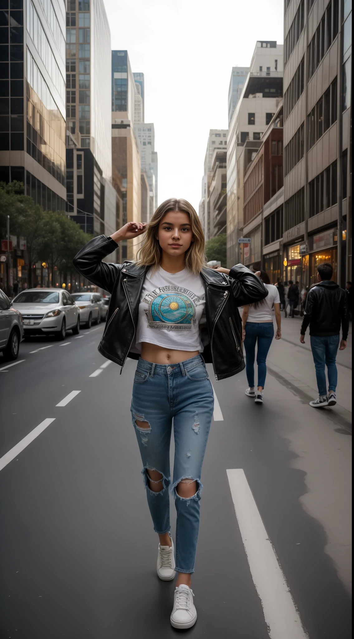 In the buzzing, vibrant heart of a sprawling city, where the pulse of life beats steadily, stands the dynamic figure of Isabella, an 18-year-old. Her sun-kissed hair, styled in soft waves, glimmers in the midday sun, capturing the energetic spirit of her youth. Her eyes, as blue as the clear summer sky, sparkle with an unquenchable thirst for knowledge and experience.
Isabella is adorned in a chic outfit that reflects her youth and modernity – a pair of stylish ripped jeans coupled with a graphic tee, and a leather jacket casually thrown over her shoulders. A pair of white sneakers, marked with adventures, support her ceaseless exploration. Around her wrist, she wears a band of woven threads - each one representing a cherished memory with her friends.
She stands amidst the bustling crowd, moving against the current, her every step an act of individualistic rebellion and independence. A skateboard, decorated with stickers and doodles, is held loosely in her grip – a symbol of her free spirit and audacity.
Behind her, the city, vibrant and full of life, extends into the horizon – a world waiting to be discovered. The tall skyscrapers reflect her aspirations, reaching for the limitless sky, mirroring her dreams.
Her gaze is fixed on the cityscape before her, the reflection of the urban jungle shining in her bright eyes. Within her stare, there's a promise of a future shaped by her own hands, a determination that defies all odds.
The image of Isabella, an 18-year-old, is a vivid snapshot of the transition between adolescence and adulthood. It's a visual celebration of youth – bold, rebellious, and hopeful – standing on the cusp of the future, ready to redefine the world.
