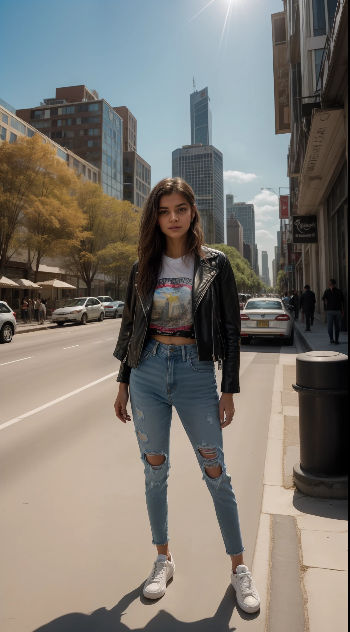 In the buzzing, vibrant heart of a sprawling city, where the pulse of life beats steadily, stands the dynamic figure of Isabella, an 18-year-old. Her sun-kissed hair, styled in soft waves, glimmers in the midday sun, capturing the energetic spirit of her youth. Her eyes, as blue as the clear summer sky, sparkle with an unquenchable thirst for knowledge and experience.
Isabella is adorned in a chic outfit that reflects her youth and modernity – a pair of stylish ripped jeans coupled with a graphic tee, and a leather jacket casually thrown over her shoulders. A pair of white sneakers, marked with adventures, support her ceaseless exploration. Around her wrist, she wears a band of woven threads - each one representing a cherished memory with her friends.
She stands amidst the bustling crowd, moving against the current, her every step an act of individualistic rebellion and independence. A skateboard, decorated with stickers and doodles, is held loosely in her grip – a symbol of her free spirit and audacity.
Behind her, the city, vibrant and full of life, extends into the horizon – a world waiting to be discovered. The tall skyscrapers reflect her aspirations, reaching for the limitless sky, mirroring her dreams.
Her gaze is fixed on the cityscape before her, the reflection of the urban jungle shining in her bright eyes. Within her stare, there's a promise of a future shaped by her own hands, a determination that defies all odds.
The image of Isabella, an 18-year-old, is a vivid snapshot of the transition between adolescence and adulthood. It's a visual celebration of youth – bold, rebellious, and hopeful – standing on the cusp of the future, ready to redefine the world.