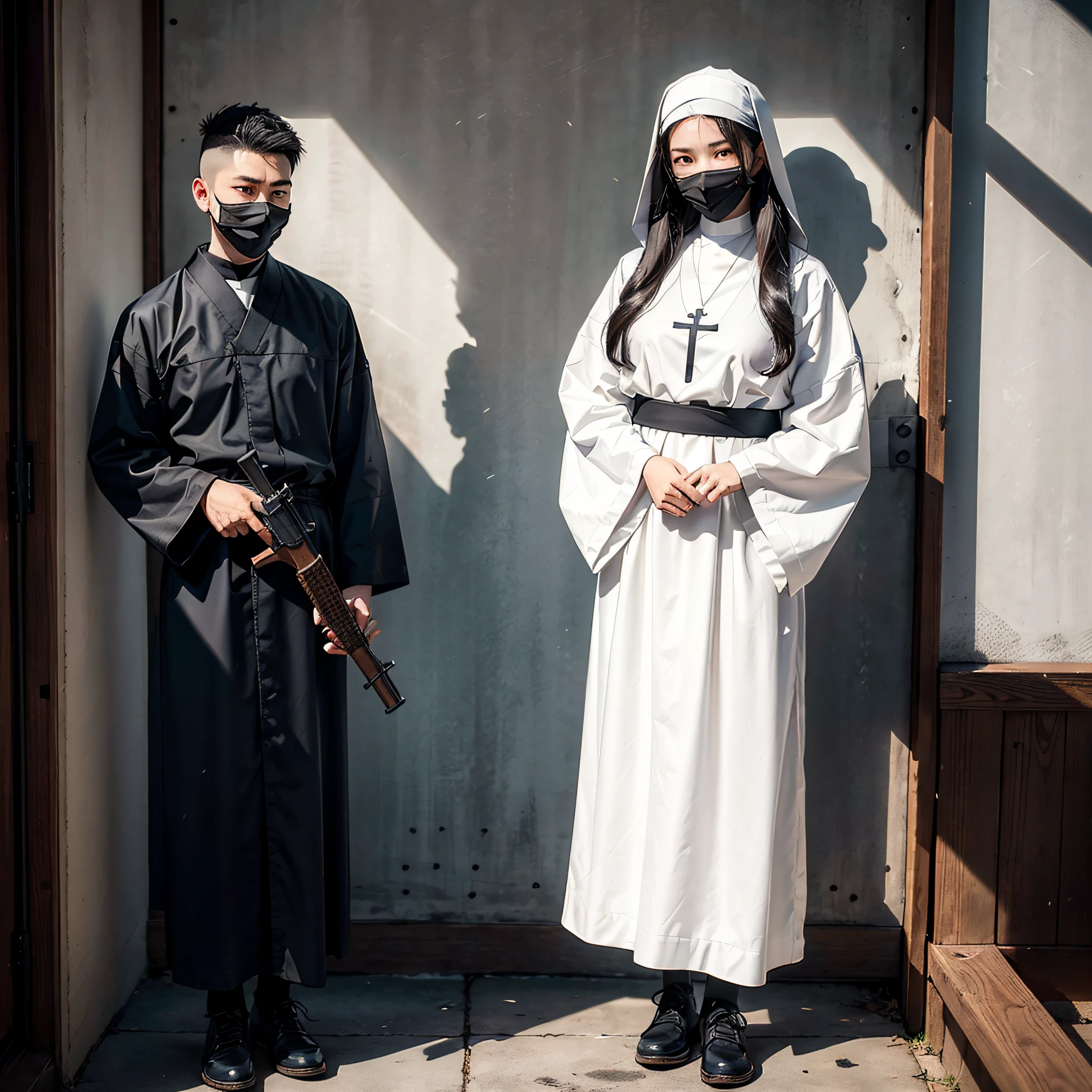 a nun, wearing a samurai mask, shooting a gun (assassin-style), sneaky,full smart house setting, full body shot, photorealistic, (hi-top fade:1.3), full body shot, long hair soothing tones, muted colors, high contrast, (natural skin texture, hyperrealism, soft light, sharp),