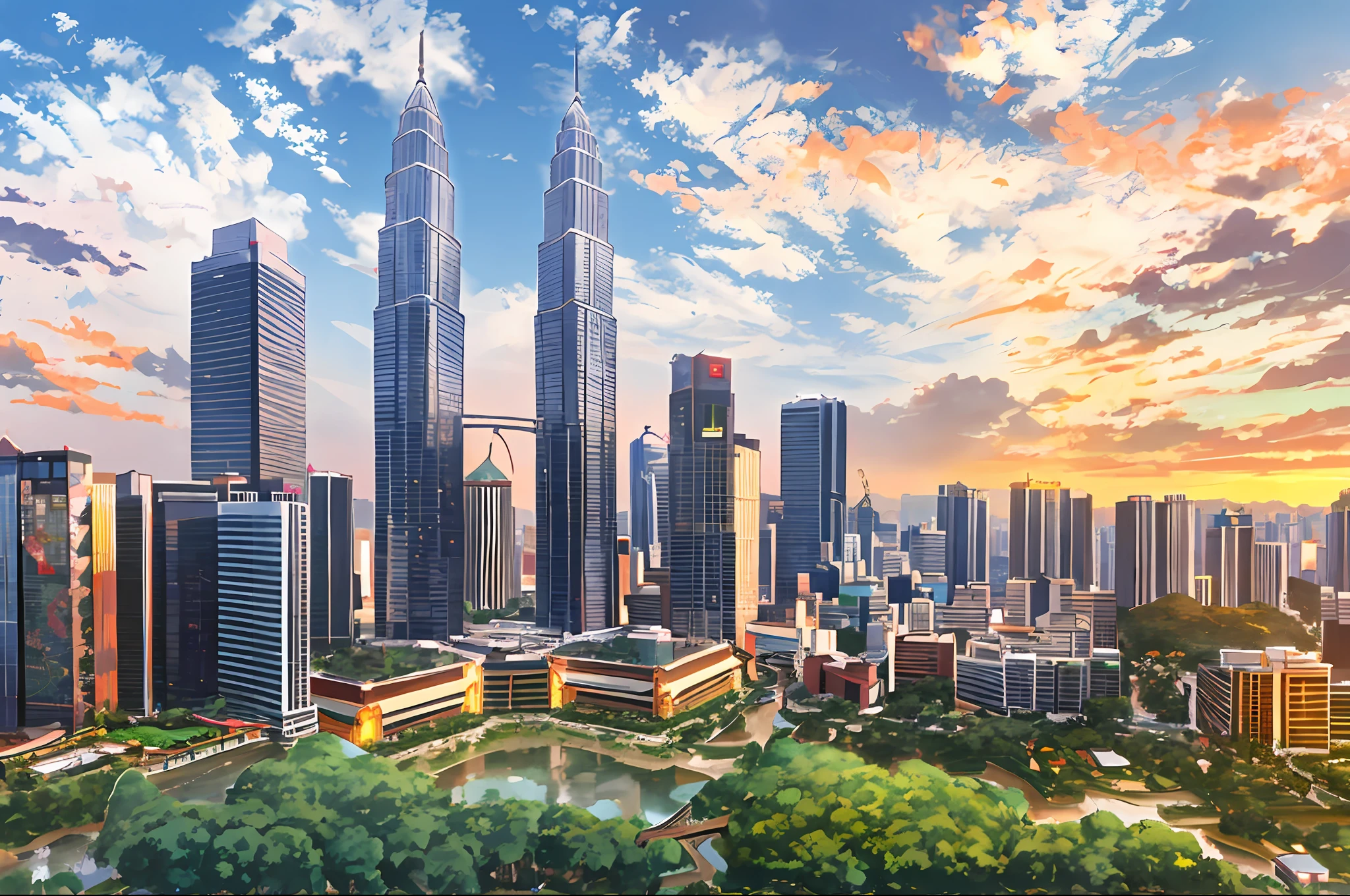 arafed view of a city with a river and a bridge, kuala lumpur, malaysian, malaysia with a paddy field, beautiful cityscape, shutterstock, beautiful city of the future, malaysia jungle, outdoors tropical cityscape, beautiful city, by Bernardino Mei, best on adobe stock, vibrant and vivid, tall buildings in background, twin towers, travel, beautiful high resolution