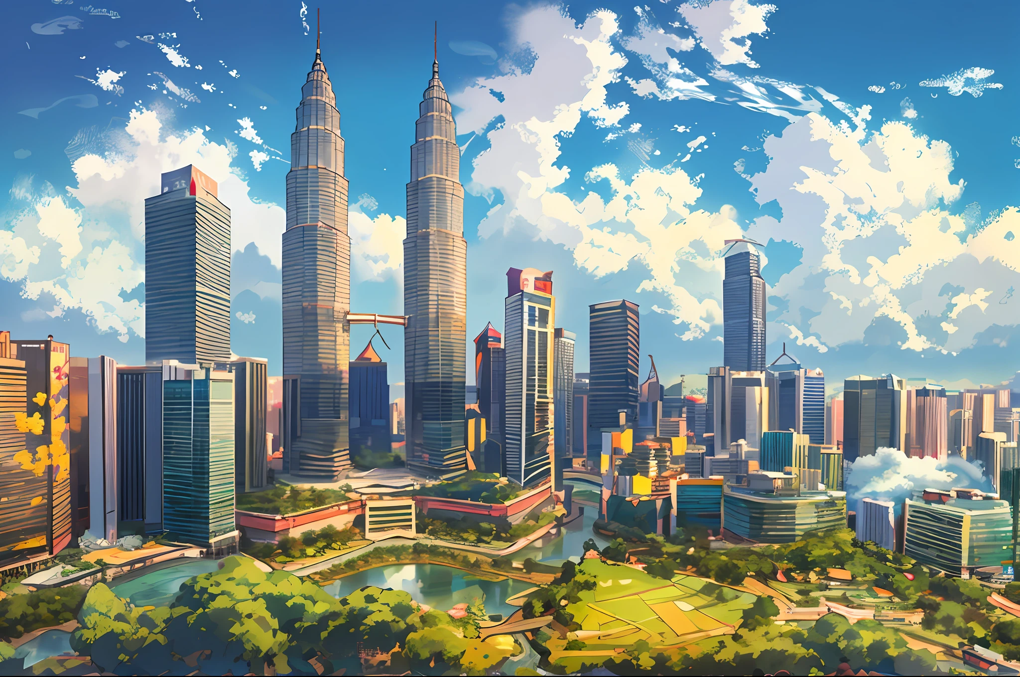 arafed view of a city with a river and a bridge, kuala lumpur, malaysian, malaysia with a paddy field, beautiful cityscape, shutterstock, beautiful city of the future, malaysia jungle, outdoors tropical cityscape, beautiful city, by Bernardino Mei, best on adobe stock, vibrant and vivid, tall buildings in background, twin towers, travel, beautiful high resolution