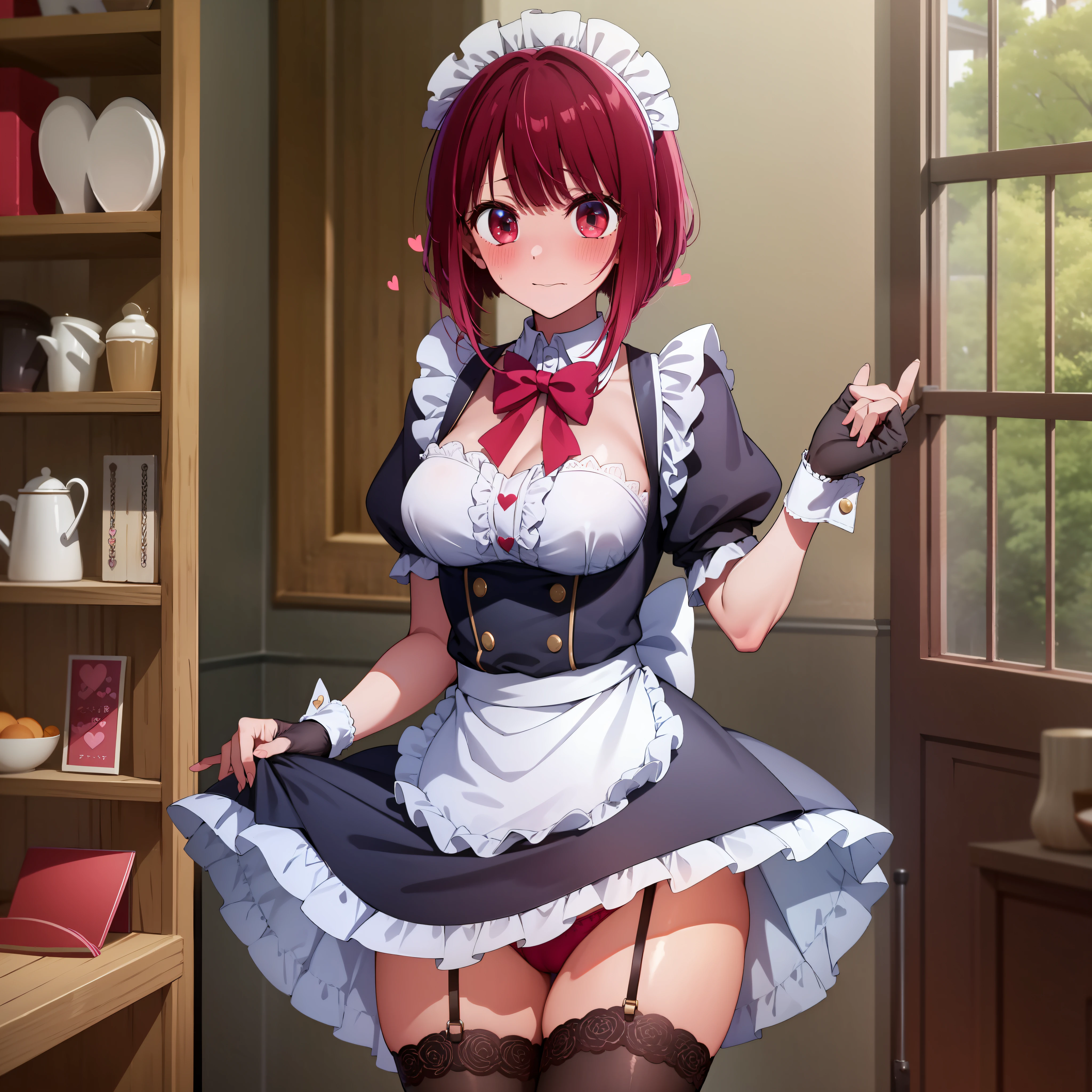 In the maid café, in a maid's costume, she lifts her skirt, panties are visible, embarrassed, hearts in her eyes