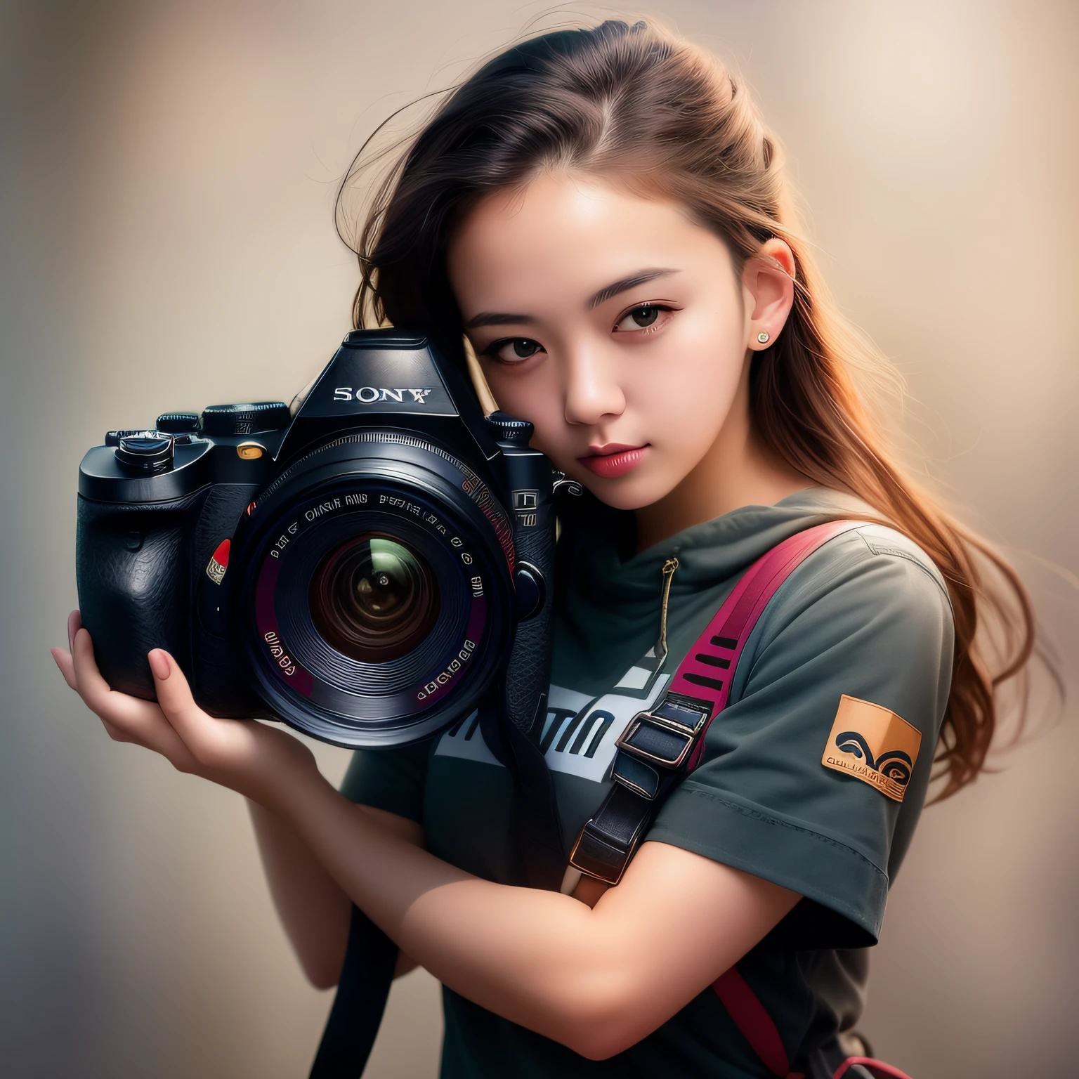 Very beautiful woman holding a selfie camera, 4k portrait photography, 50mm DSLR portrait photo, 4k portrait photography, female photography, Sony a7riv shot, 1 realistic portrait, anime style mixed with Korean, portrait photography, model photography, 8k photo portrait