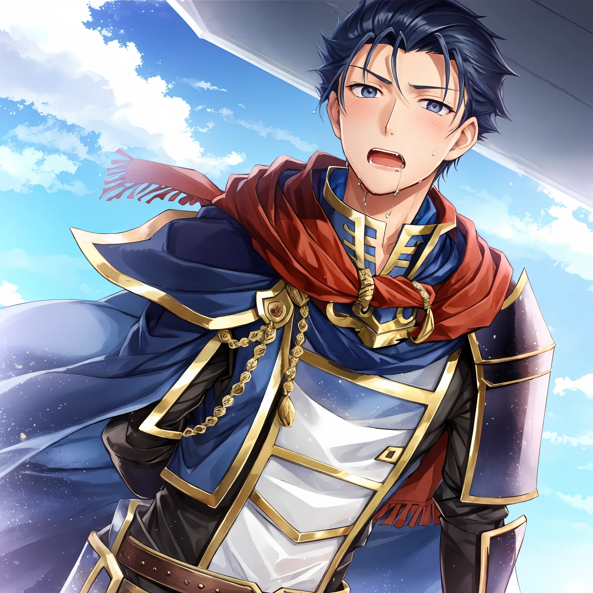 Hector Fey, Ultra High Quality CG, Solo, Looking at the Audience, Open Mouth, Sweaty, Wet, Wet, Drooling, Gloves, 1boy, Upper Body, Male Focus, Sky, Clouds, Cloak, Armor