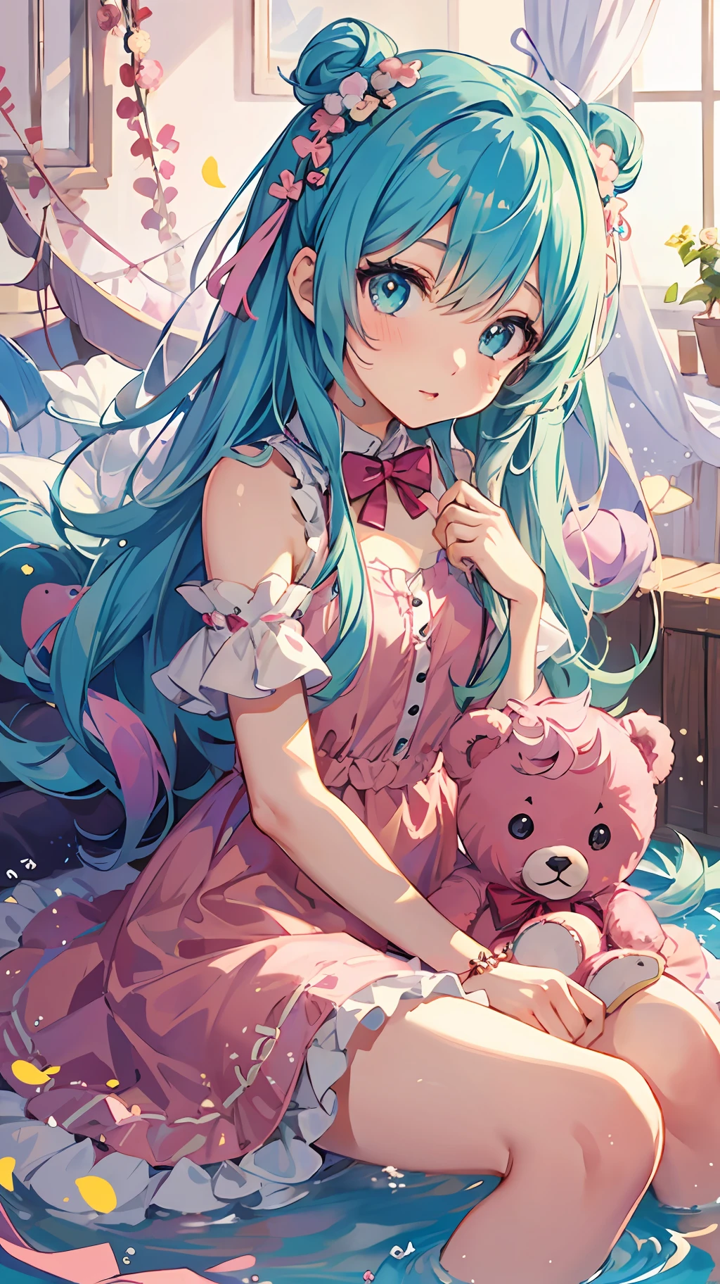 Anime girl with pink hair and pink dress holding teddy bear, splash art anime , cute anime girl, cute anime, soft anime illustration, little curvaceous lolili in s, loli, pink ttailed hair and cyan eyes,