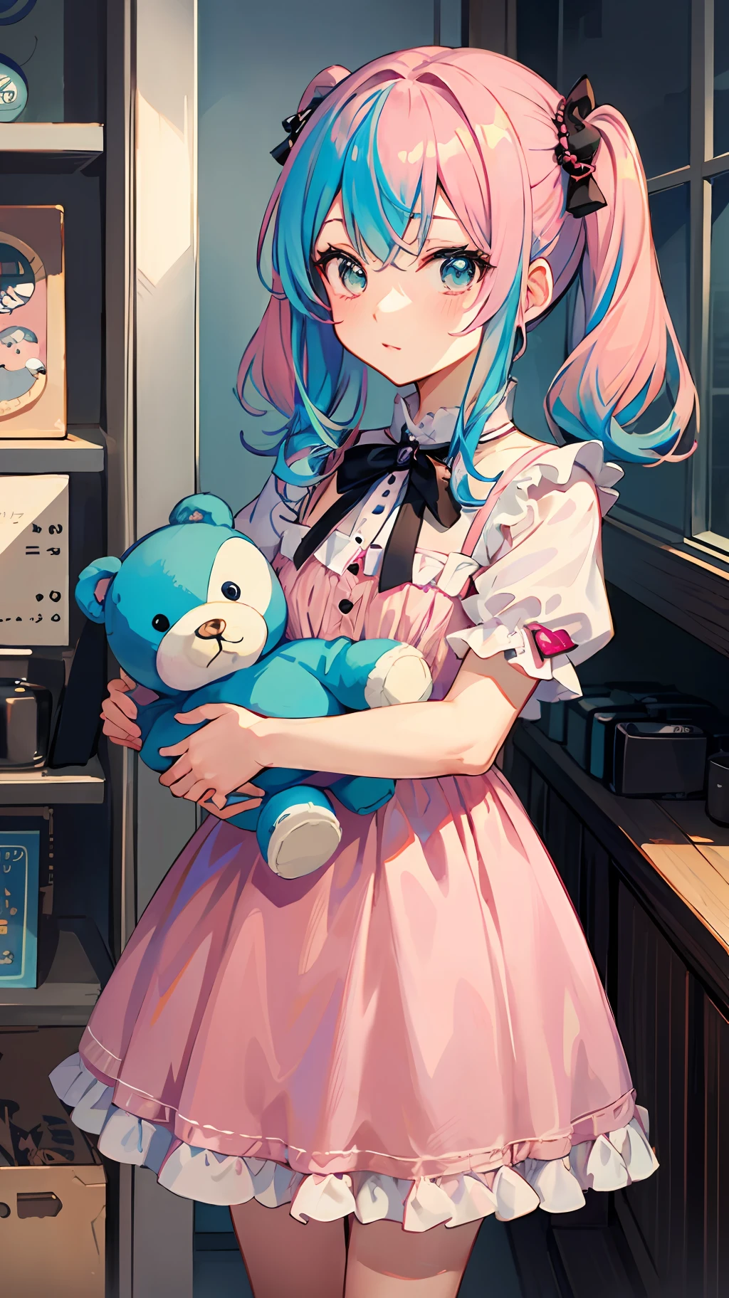 Anime girl with pink hair and pink dress holding teddy bear, splash art anime , cute anime girl, cute anime, soft anime illustration, little curvaceous lolili in s, loli, pink ttailed hair and cyan eyes,