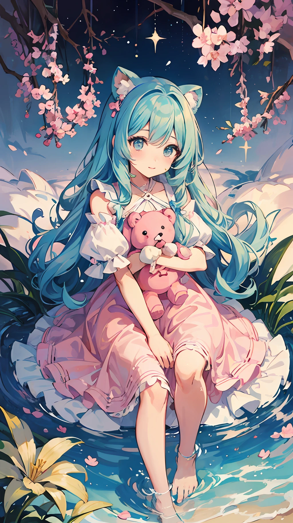 Anime girl with pink hair and pink dress holding teddy bear, splash art anime loli, cute anime girl, cute anime, soft anime illustration, little curvaceous loli, loli in dress, loli, pink twin-tailed hair and cyan eyes,