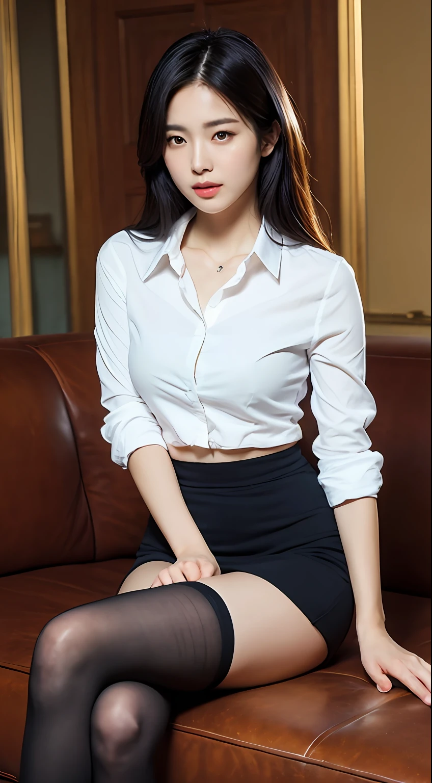 ((Top quality, 8k, Masterpiece: 1.3)), beauty, hidden face, 1 girl, beauty: 1.3, slender abs: 1.1, shirt (loose: 1.4) exposed, no underwear, hip skirt, black stockings, high heels, full, long black hair, (sitting cross-legged on the sofa), ultra-detailed face, highly detailed lips, detailed eyes, double eyelids, strict head and body ratio: 1.5,