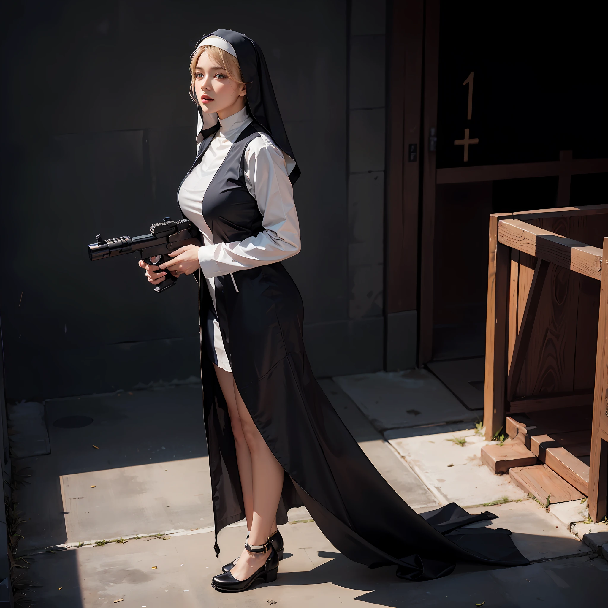 a sexy curvy nun, holding a gun, gangster nun, church setting, shootout, full body shot, photorealistic, (hi-top fade:1.3), full body shot, dynamic cinematic pose, alluring, long hair soothing tones, muted colors, high contrast, (natural skin texture, hyperrealism, soft light, sharp),