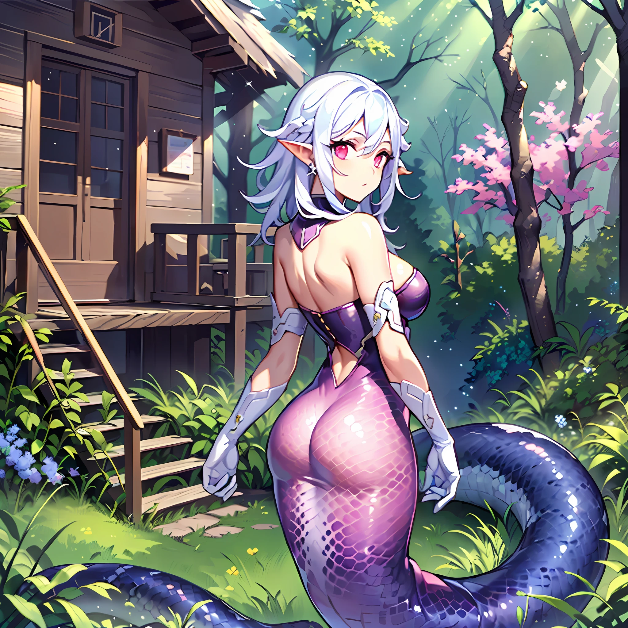 detailed snakeskin, (adolescent girl), solo focus, (lamia), stoic, monster girl, white hair, red eyes, snake hair , wide buttocks, beautiful eyes, beautiful background, abandoned cabin, forest, light particles, outside, grass, leaves, shiny (pink, white, blue gradient:1.5), reality, masterpiece, best quality, super detailed, detailed, landscape, beautiful detailed eyes, detailed hair, gloves, full body, panorama,