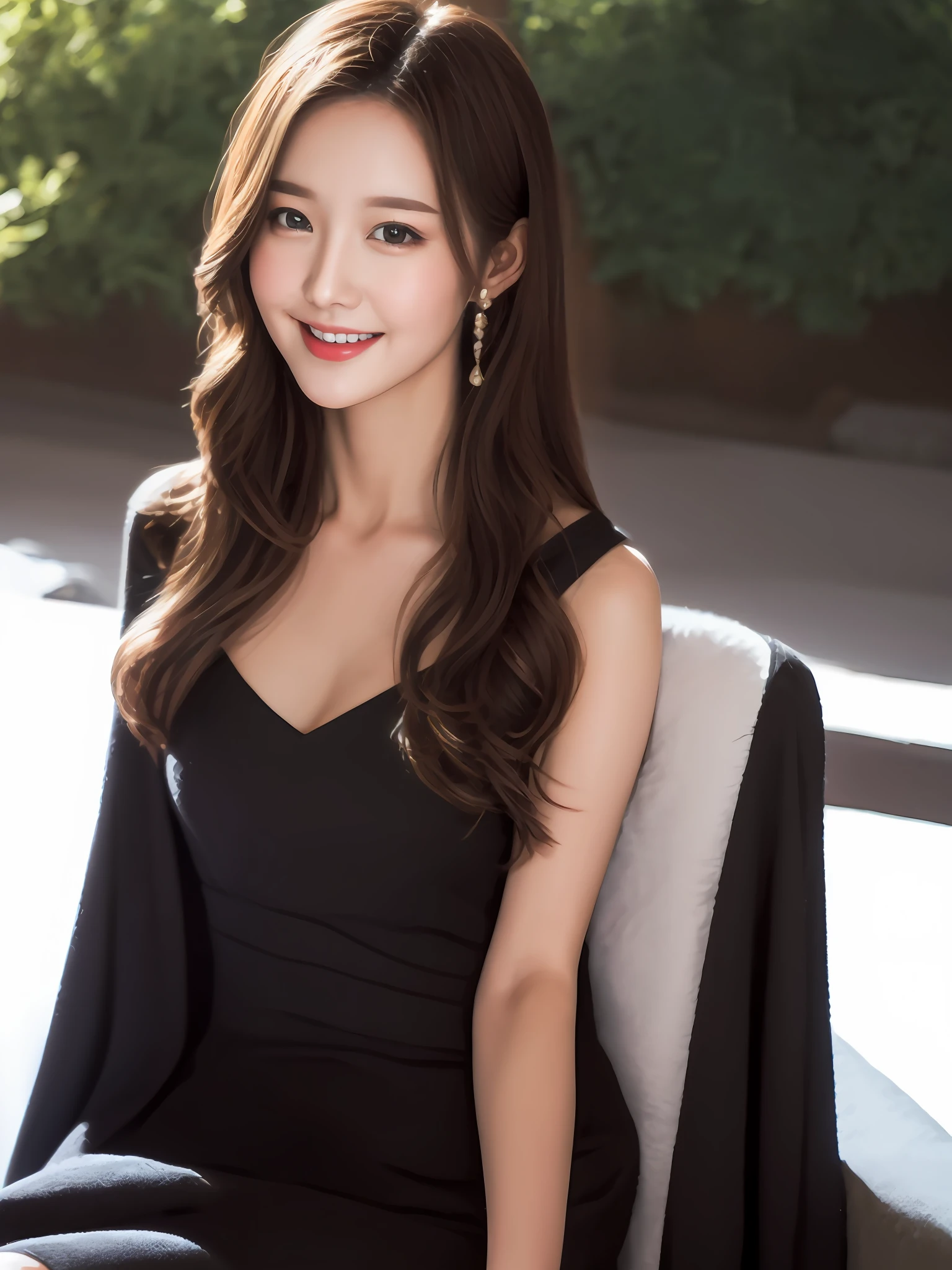 top quality, masterpiece, beauty, photorealistic , beautiful woman, slim face, charming gentle smile, real person, korean model, cute face, , long brown hair,double, woman sitting on bench, live-action, smile, black dress, solo, wavy hair, small, winter, snow, forest, black cape, white sweater,