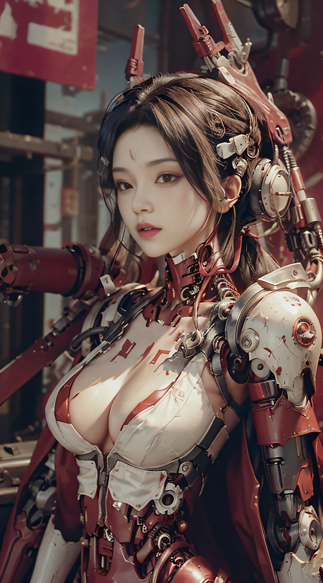 Cyberpunk, futuristic, mechanical aesthetics, ((red and white cyborg body: 1.8)), (big breast: 1.2),