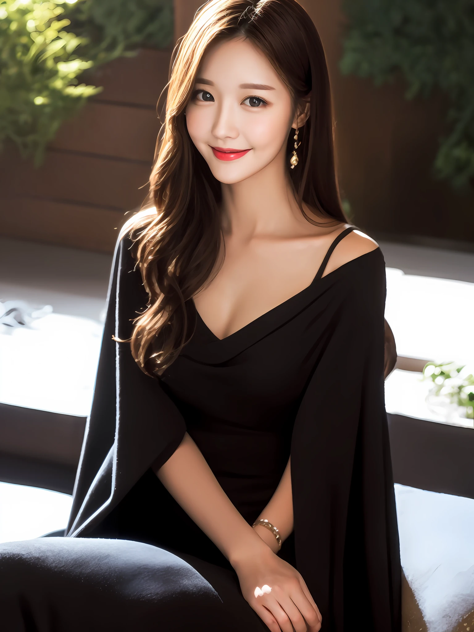 top quality, masterpiece, beauty, photorealistic , beautiful woman, slim face, charming gentle smile, real person, korean model, cute face, , long brown hair,double, woman sitting on bench, live-action, smile, black dress, solo, wavy hair, small, winter, snow, forest, black cape, white sweater,