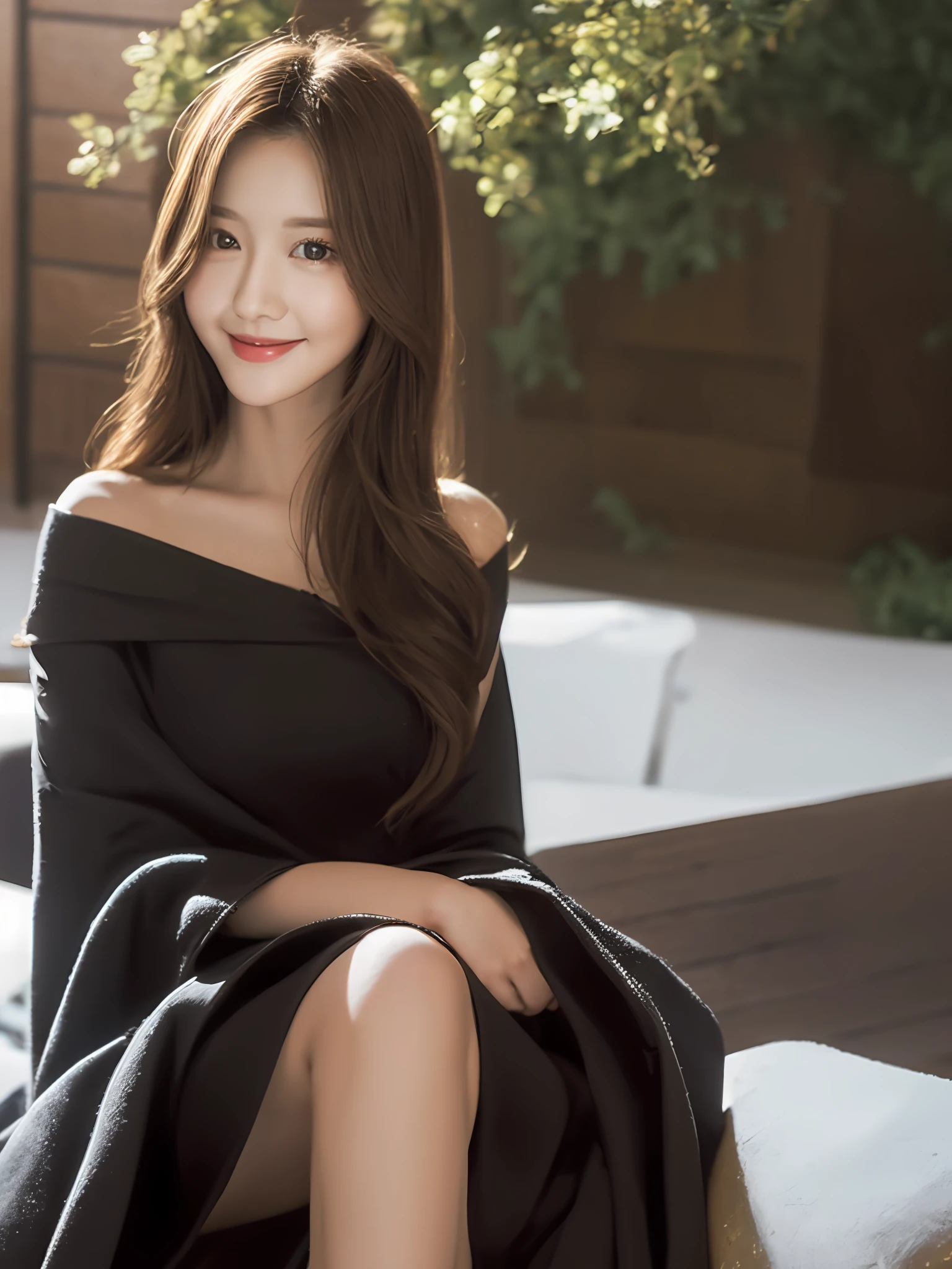 top quality, masterpiece, beauty, photorealistic , beautiful woman, slim face, charming gentle smile, real person, korean model, cute face, , long brown hair,double, woman sitting on bench, live-action, smile, black dress, solo, wavy hair, small, winter, snow, forest, black cape, white sweater,