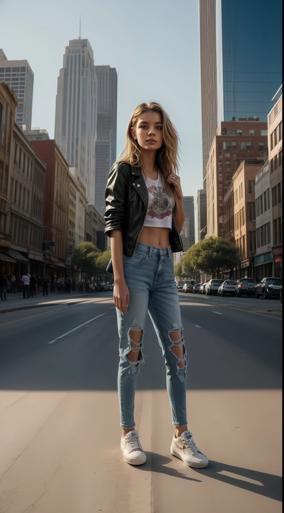 In the buzzing, vibrant heart of a sprawling city, where the pulse of life beats steadily, stands the dynamic figure of Isabella, an 18-year-old. Her sun-kissed hair, styled in soft waves, glimmers in the midday sun, capturing the energetic spirit of her youth. Her eyes, as blue as the clear summer sky, sparkle with an unquenchable thirst for knowledge and experience.
Isabella is adorned in a chic outfit that reflects her youth and modernity – a pair of stylish ripped jeans coupled with a graphic tee, and a leather jacket casually thrown over her shoulders. A pair of white sneakers, marked with adventures, support her ceaseless exploration. Around her wrist, she wears a band of woven threads - each one representing a cherished memory with her friends.
She stands amidst the bustling crowd, moving against the current, her every step an act of individualistic rebellion and independence. A skateboard, decorated with stickers and doodles, is held loosely in her grip – a symbol of her free spirit and audacity.
Behind her, the city, vibrant and full of life, extends into the horizon – a world waiting to be discovered. The tall skyscrapers reflect her aspirations, reaching for the limitless sky, mirroring her dreams.
Her gaze is fixed on the cityscape before her, the reflection of the urban jungle shining in her bright eyes. Within her stare, there's a promise of a future shaped by her own hands, a determination that defies all odds.
The image of Isabella, an 18-year-old, is a vivid snapshot of the transition between adolescence and adulthood. It's a visual celebration of youth – bold, rebellious, and hopeful – standing on the cusp of the future, ready to redefine the world.