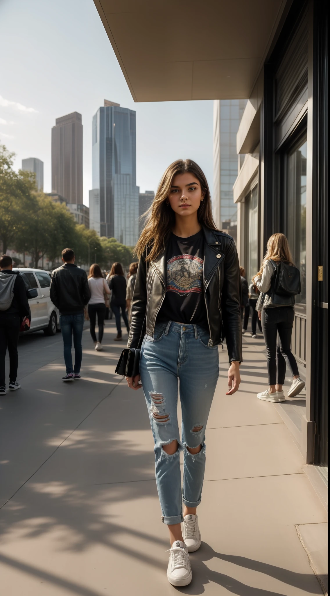 In the buzzing, vibrant heart of a sprawling city, where the pulse of life beats steadily, stands the dynamic figure of Isabella, an 18-year-old. Her sun-kissed hair, styled in soft waves, glimmers in the midday sun, capturing the energetic spirit of her youth. Her eyes, as blue as the clear summer sky, sparkle with an unquenchable thirst for knowledge and experience.

Isabella is adorned in a chic outfit that reflects her youth and modernity – a pair of stylish ripped jeans coupled with a graphic tee, and a leather jacket casually thrown over her shoulders. A pair of white sneakers, marked with adventures, support her ceaseless exploration. Around her wrist, she wears a band of woven threads - each one representing a cherished memory with her friends.

She stands amidst the bustling crowd, moving against the current, her every step an act of individualistic rebellion and independence. A skateboard, decorated with stickers and doodles, is held loosely in her grip – a symbol of her free spirit and audacity.

Behind her, the city, vibrant and full of life, extends into the horizon – a world waiting to be discovered. The tall skyscrapers reflect her aspirations, reaching for the limitless sky, mirroring her dreams.

Her gaze is fixed on the cityscape before her, the reflection of the urban jungle shining in her bright eyes. Within her stare, there's a promise of a future shaped by her own hands, a determination that defies all odds.

The image of Isabella, an 18-year-old, is a vivid snapshot of the transition between adolescence and adulthood. It's a visual celebration of youth – bold, rebellious, and hopeful – standing on the cusp of the future, ready to redefine the world.