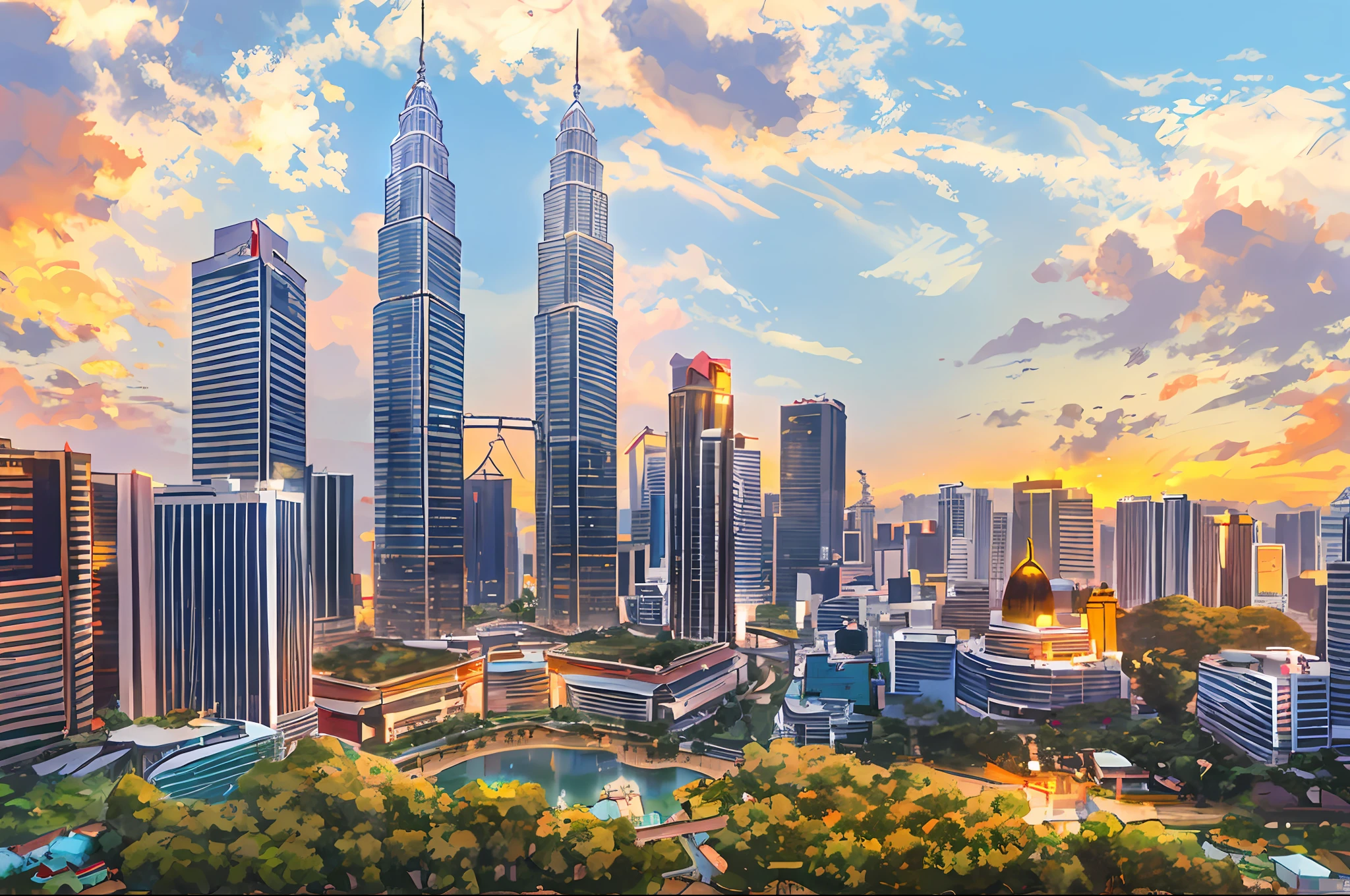 arafed view of a city with a river and a bridge, kuala lumpur, malaysian, malaysia with a paddy field, beautiful cityscape, shutterstock, beautiful city of the future, malaysia jungle, outdoors tropical cityscape, beautiful city, by Bernardino Mei, best on adobe stock, vibrant and vivid, tall buildings in background, twin towers, travel, beautiful high resolution