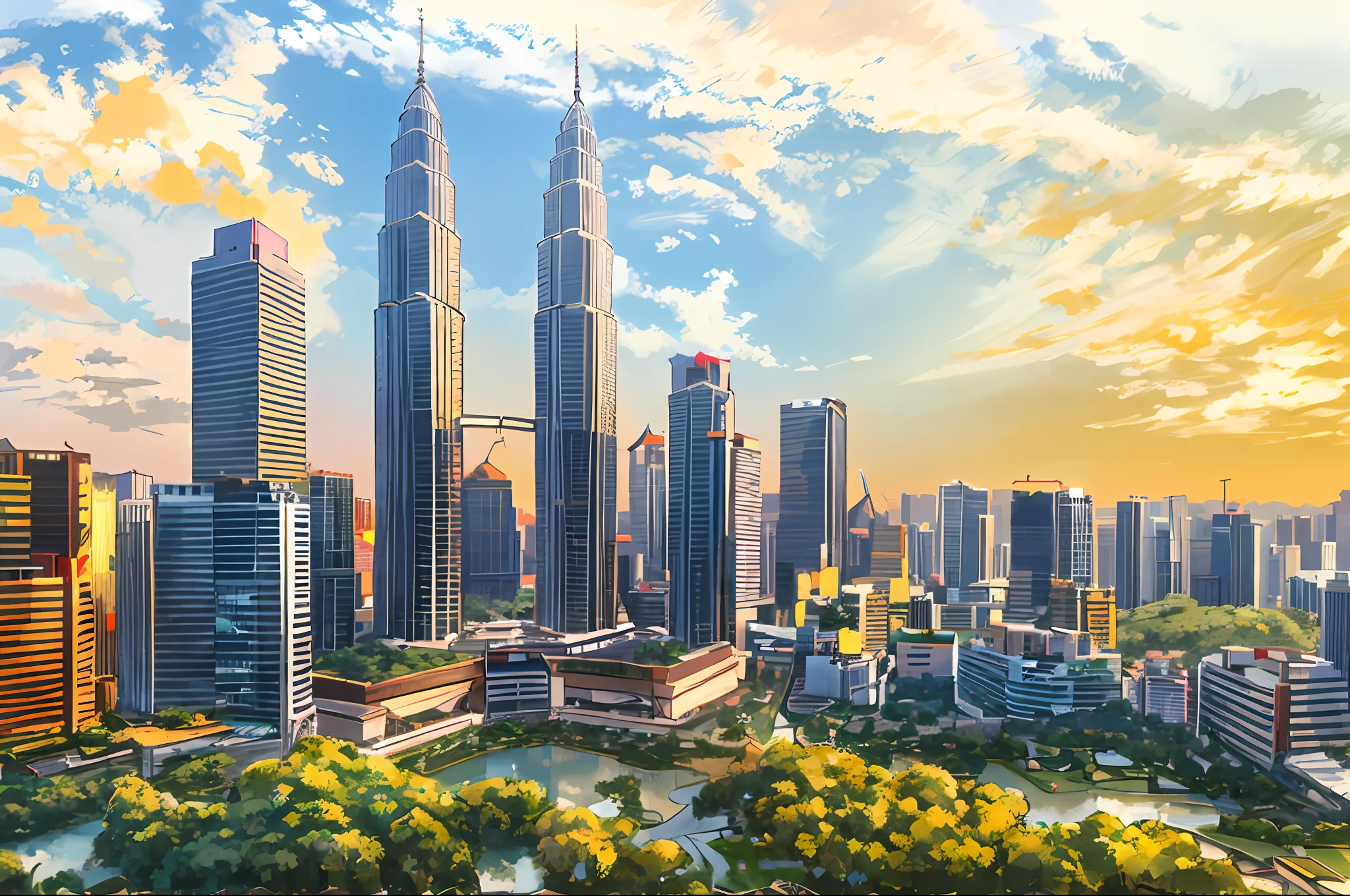 arafed view of a city with a river and a bridge, kuala lumpur, malaysian, malaysia with a paddy field, beautiful cityscape, shutterstock, beautiful city of the future, malaysia jungle, outdoors tropical cityscape, beautiful city, by Bernardino Mei, best on adobe stock, vibrant and vivid, tall buildings in background, twin towers, travel, beautiful high resolution