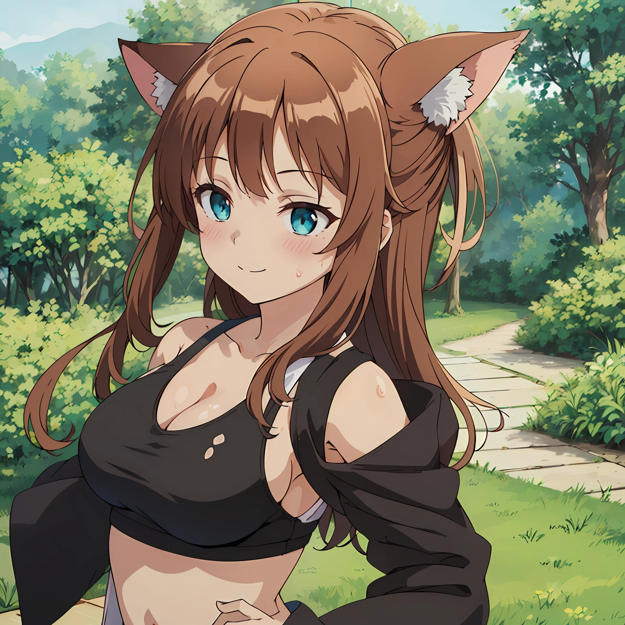 (Super detailed, high resolution, Kyoto animation style anime illustrations, highest quality official art featured: 1.6), beautiful face, eyes, highly detailed body, very detailed hair, nice hands, perfect hands, beautiful hands, (1 girl: 1.4), (Chibi: 0.8), (cute: 1.2), (cute: 1.2), (loli: 0.5), one girl, cat ears, (big, Looks large cleavage, brown hair, trimmed semi-long hair, long sleeves, looks good: 1.5), (girl running in the park, : 1.4), (dynamic angle, looking away, upper body, wet sports bra, large breasts, body focus: 1.2), (light smile, 17 years old, brown hair, ponytailCat ears, aqua eyes, slender girls), (outside, walking), resting, running, sweating