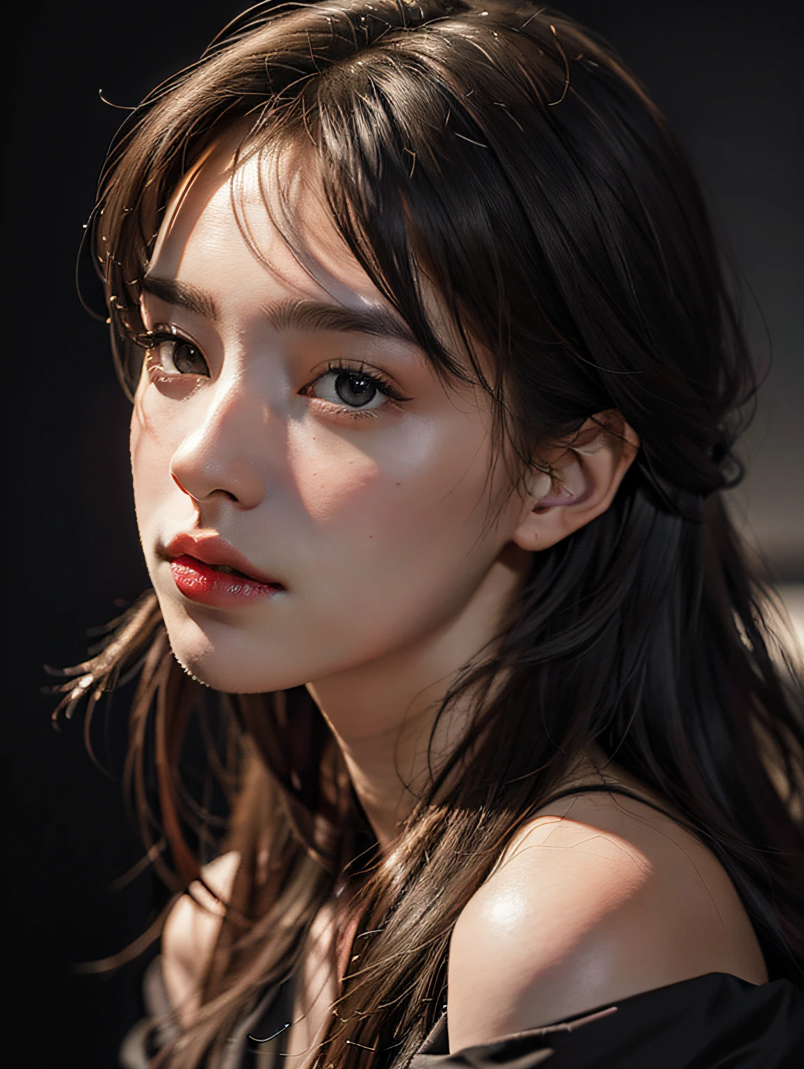 a woman standing on the side of a road at night, 1girl, long hair, motor vehicle, car, looking at viewer, ground vehicle, night, hands in pockets, blurry background, coat, black hair, parted lips, bokeh, jacket, brown hair, outdoors, red lips, upper body