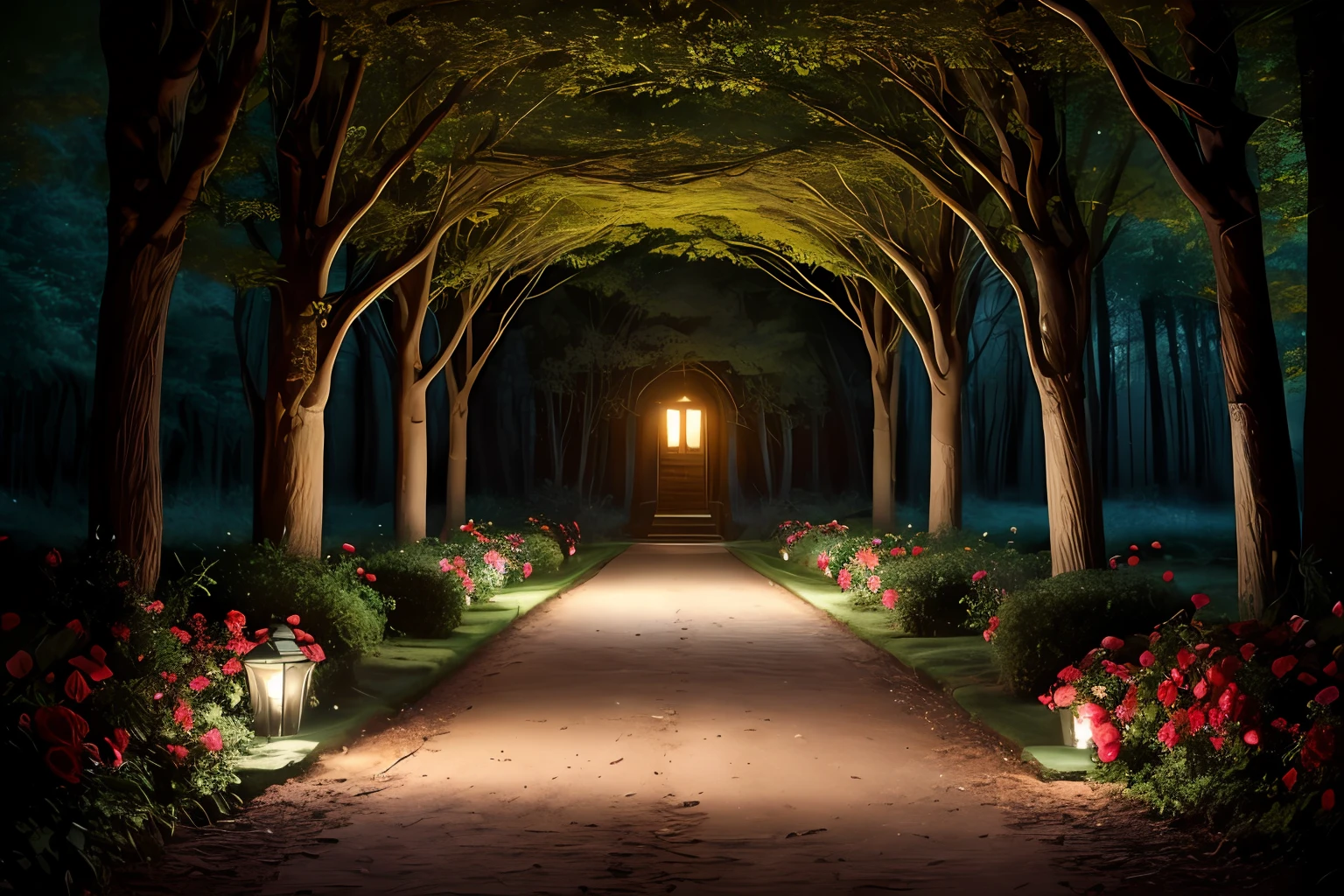 a dark and stormy night scene with the light of a lantern in the middle of a path through a forest, portal made of roses, golden gates of heaven!!!!!!!!, amazing digital art, connectivity, little path up the door, beautiful dappled lighting, take my hand, flower garden, keyhole, paths (door in forest)