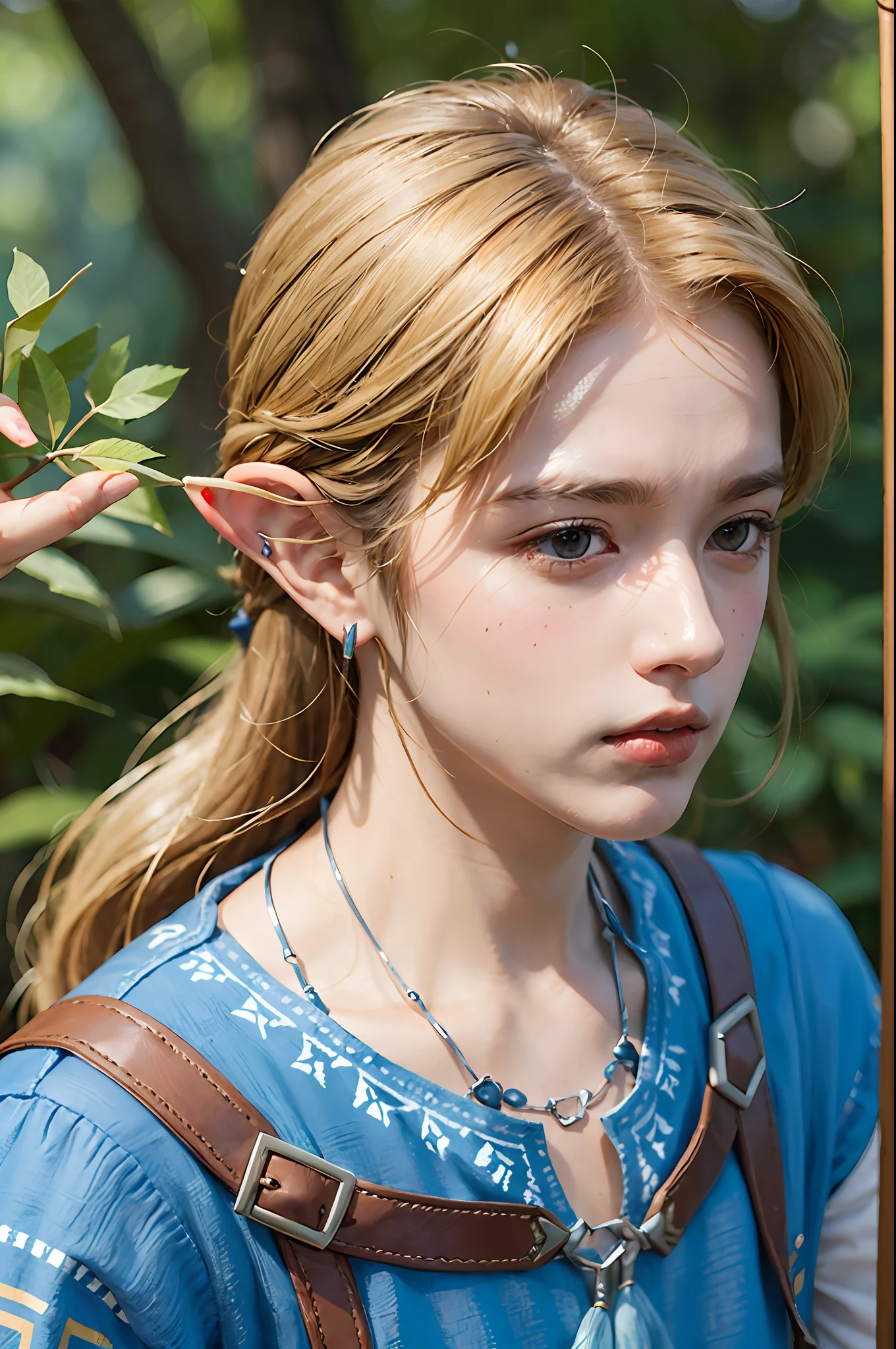 masterpiece, Top Quality,Live-action adaptation,Man,Portrait of Link, One Boy, Solo, Upper Body Link, The Legend of Zelda: Breath of the Wild, Blue Tunic, Blonde, Pointed Ears, Outdoors, Field, Very Detailed