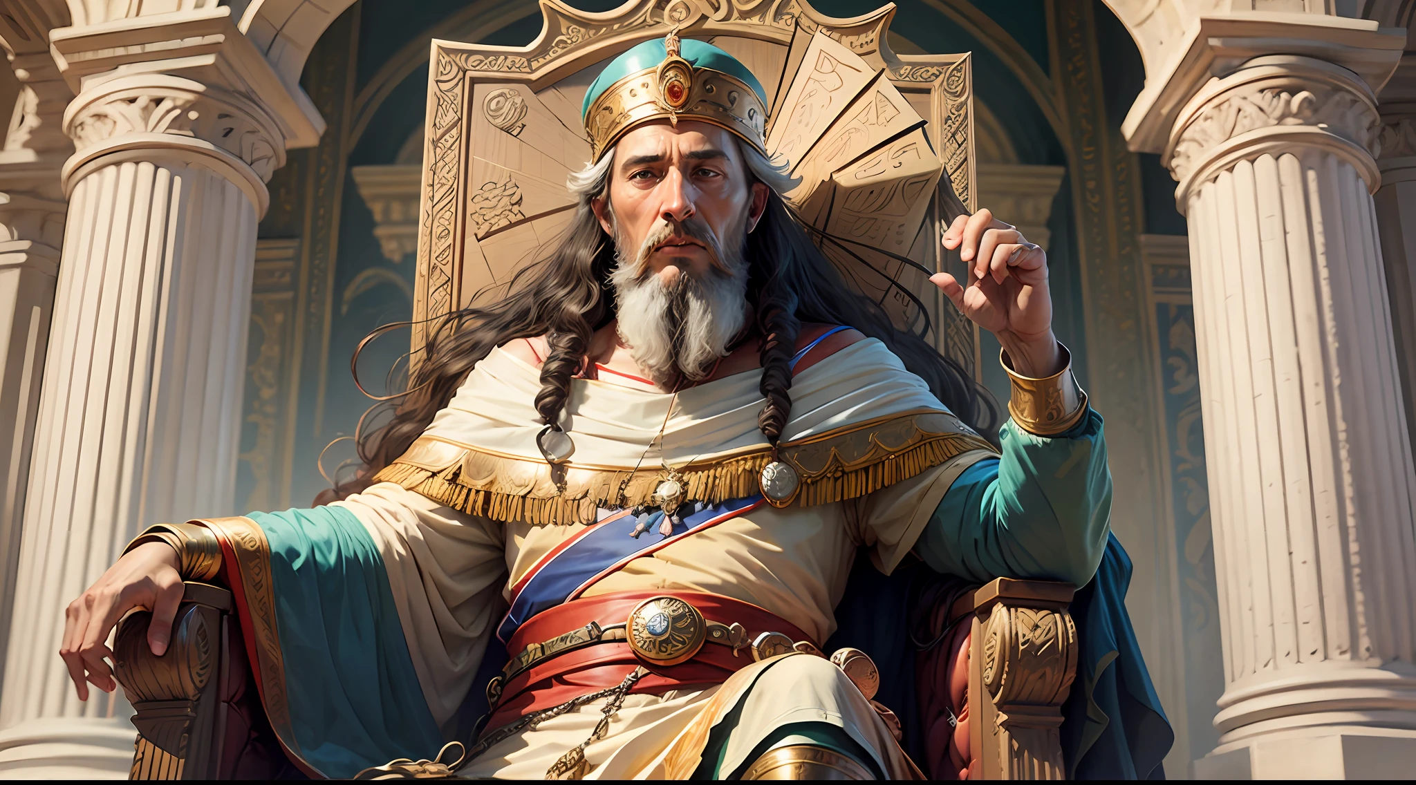 Solomon king of Israel from 705 to 681 B.C., seated on his throne with riches around him