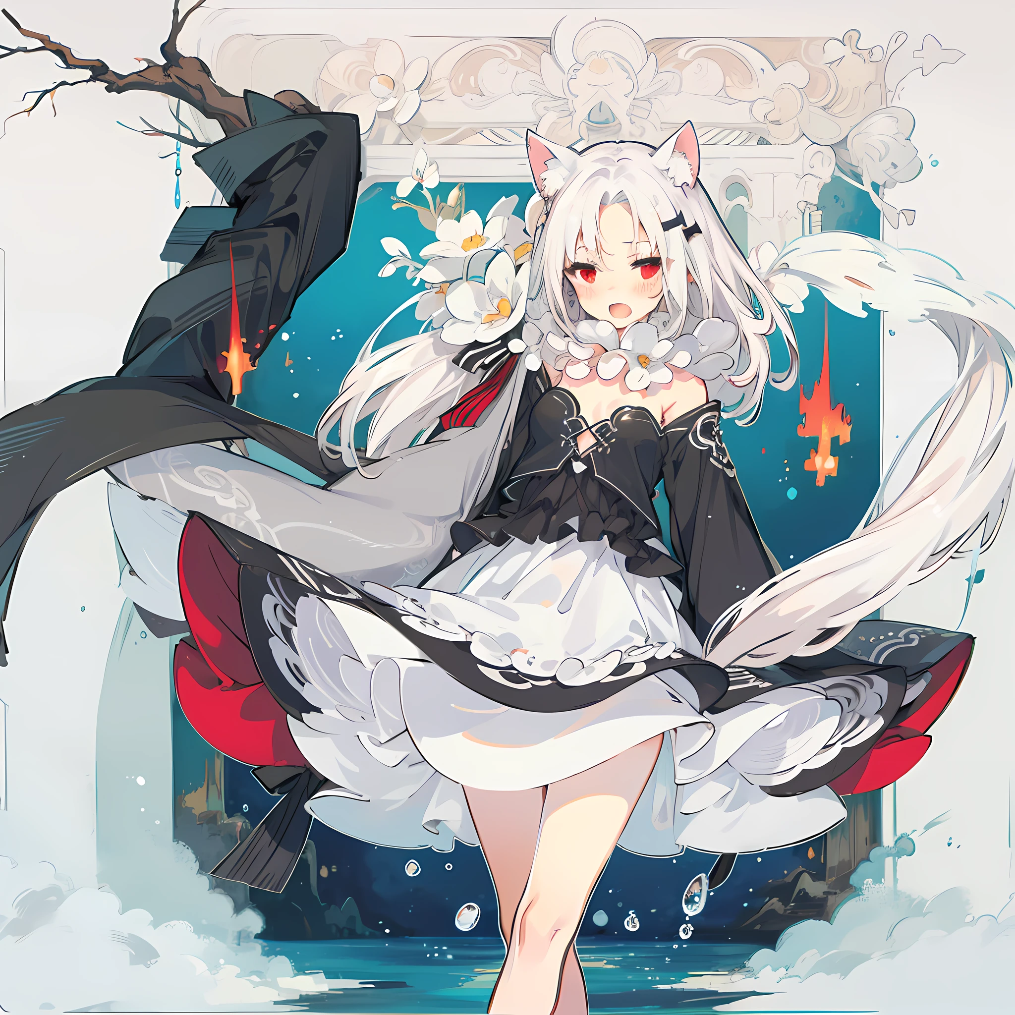 Long head and white hair, cute, red eyes, low cat ears, blushing, vaginal water, making sounds, panting, , white silk
