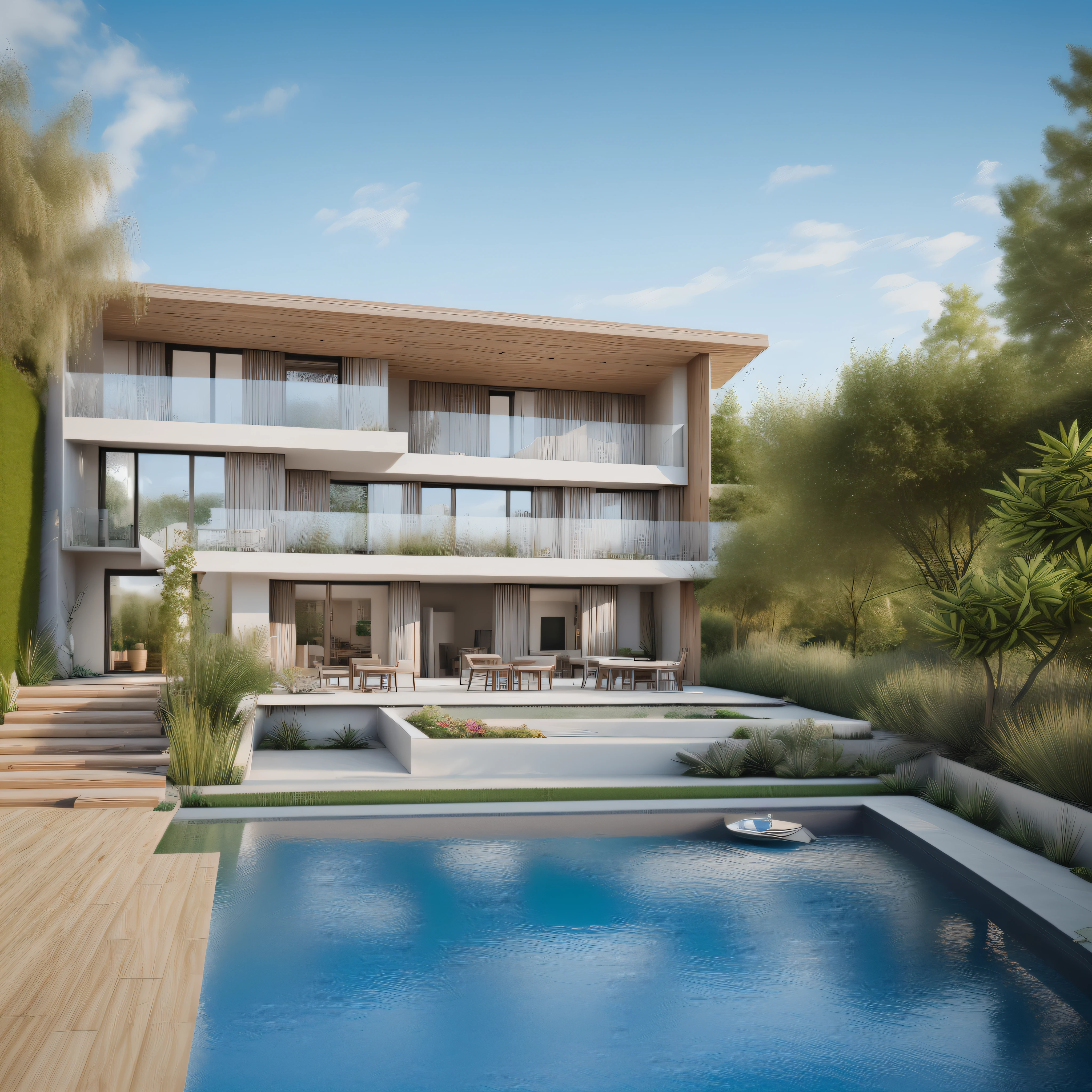 multistory house with garden and swimming pond in front