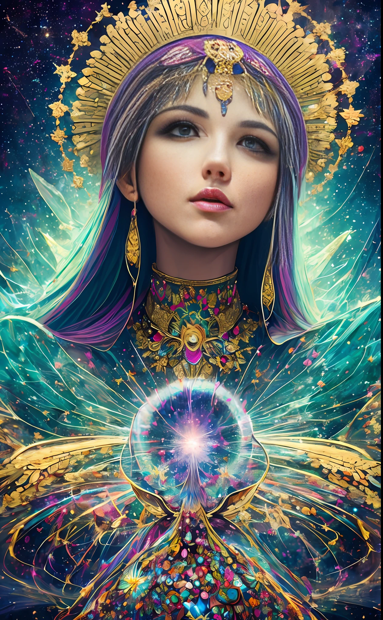 ((Masterpiece)), (Best Quality)), 8K, high detail, hyper-detail,Quetzalcoatl ,mayan ritual , godess,woman,man ,purple mushroom dress ,fractal art,flying in the sky ,coming out of the top of a Mesoamerican pyramid, inside a ray of light ,in a night full of stars and the milky way all around ,alex grey style ,psychedelic --auto