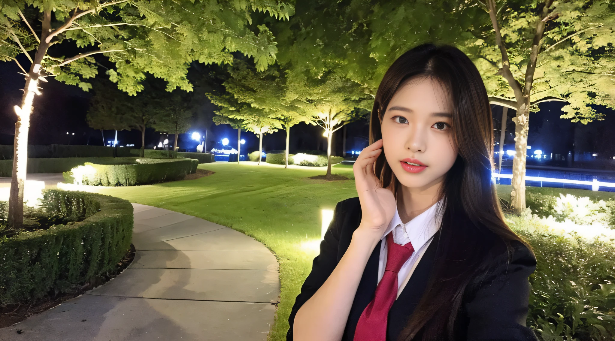 (8k, RAW photo, top quality, masterpiece: 1.2), super detail, super resolution, (real, real photo: 1.37), portrait, high resolution RAW color photo, professional photo, (very beautiful and detailed night tree-lined avenue 1:1.37), (moon is beautiful night)), full moon, very detailed and beautiful, super high image quality, schoolgirl in sailor suit, detailed uniform, each with its own characteristics, different face patterns, Various hairstyles, brown hair fluttering in the night breeze, sexy with swaying hair, very detailed beautiful girl, (pink eye shadow), red tie, puffing face, pouting, puffing face, puffing up face, looking at me with puffy face, burikko, buriko pose