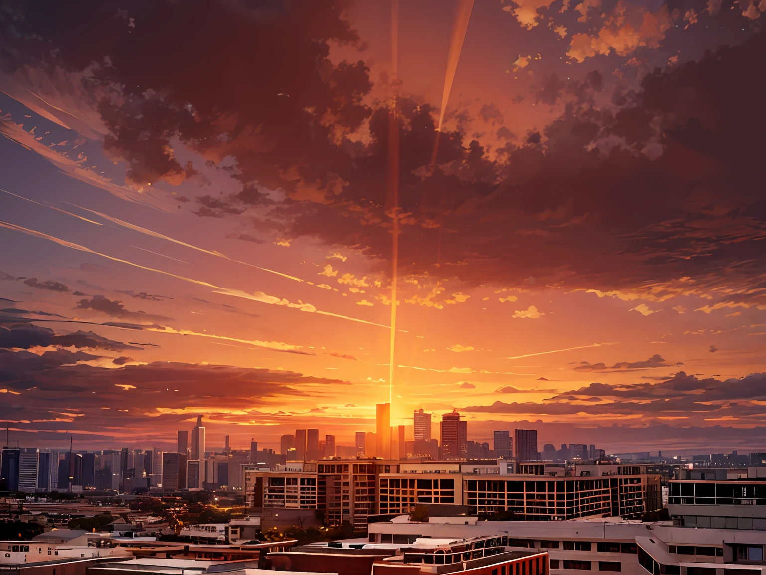 araffature of a city skyline with a plane flying in the sky, the most beautiful sunset, looming over a city, with vibrant sky, real sunset, beautiful and spectacular dusk, cloudy sunset, city sunset, colorful skies, colorful sky, colorful sunset!!, during sunset, sunset with cloudy skies, sunset in the background, during a sunset, colorful sunset