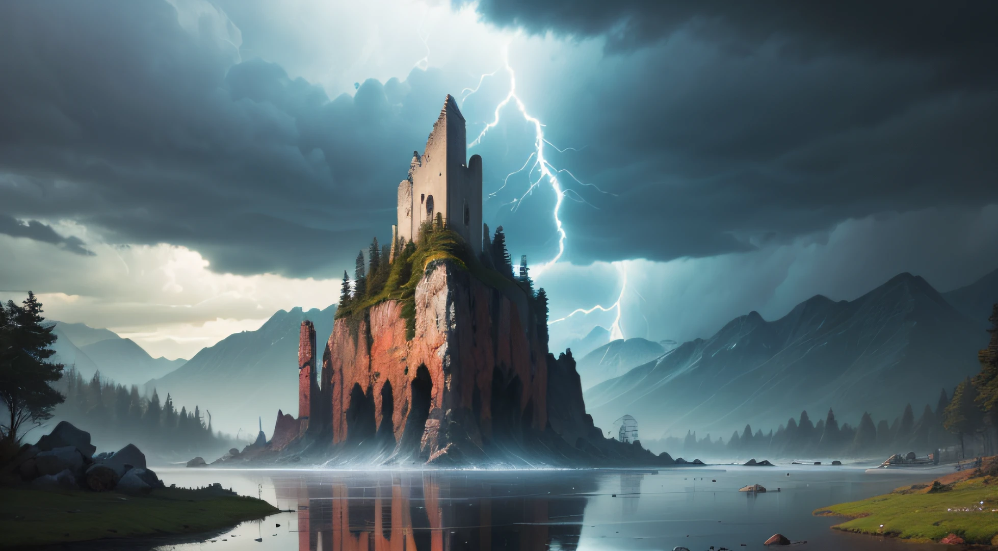 simulation style, chromav5, nvink punk, masterpiece, best quality, high quality, extremely detailed CG Unity 8k wallpaper, landscape, outdoor, tree, no man, sky, clouds, mountains, nature, river, water, rocks, cloudy sky, evening, landscape, reflection, lake, blue sky, building, mountain horizon, heavy rain, rainbow, rain, storm, lightning, mist, oil pad, award winning photography, HDR, bloom, chromatic aberration, realistic , extremely detailed, art trends, CG social trends, Complex, highly detailed, dramatic, artistic halfway --auto