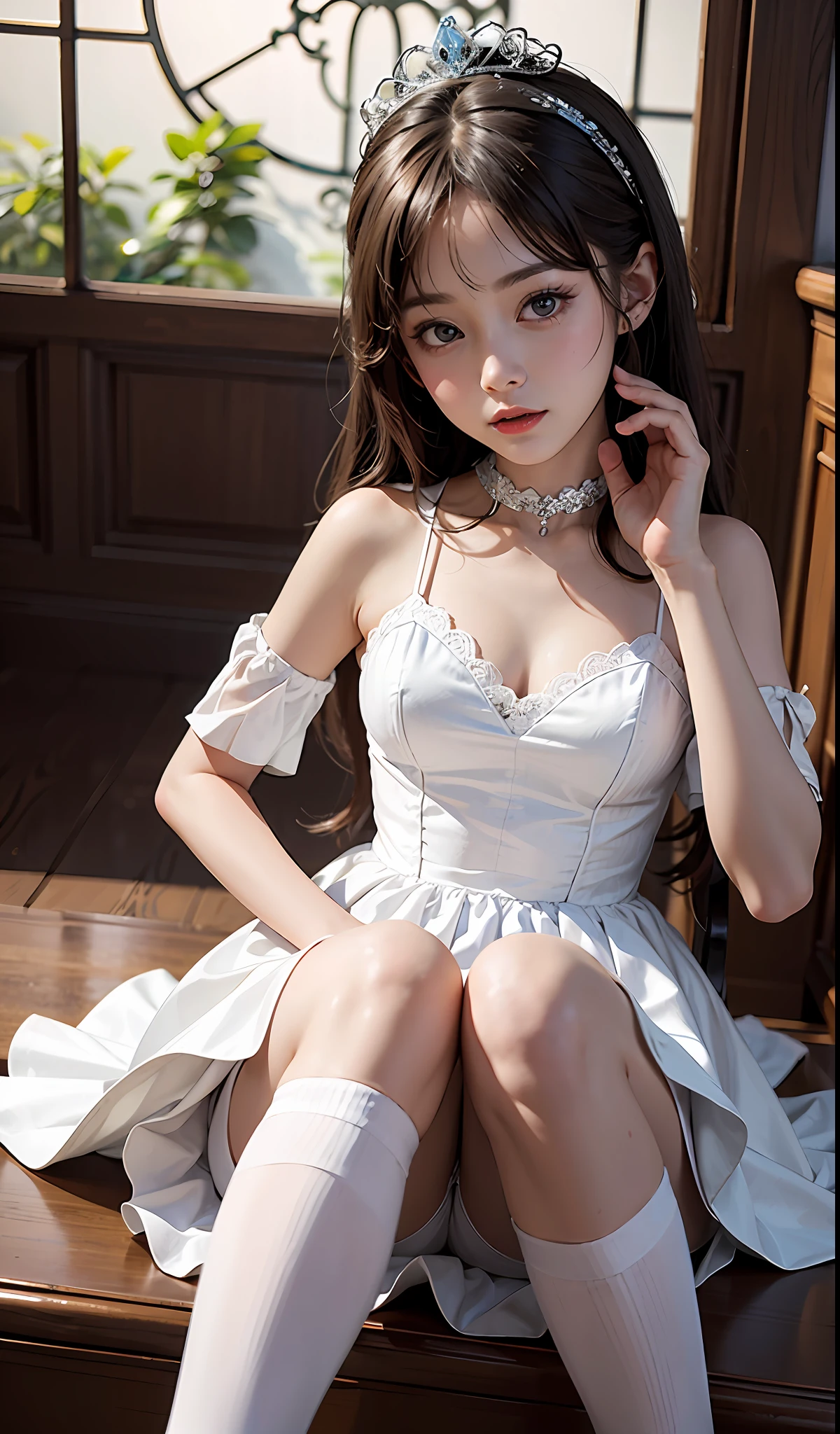 High resolution, extremely detailed, facial enhancement, mansion, an innocent and cute eight-year-old girl, princess dress, white stockings,